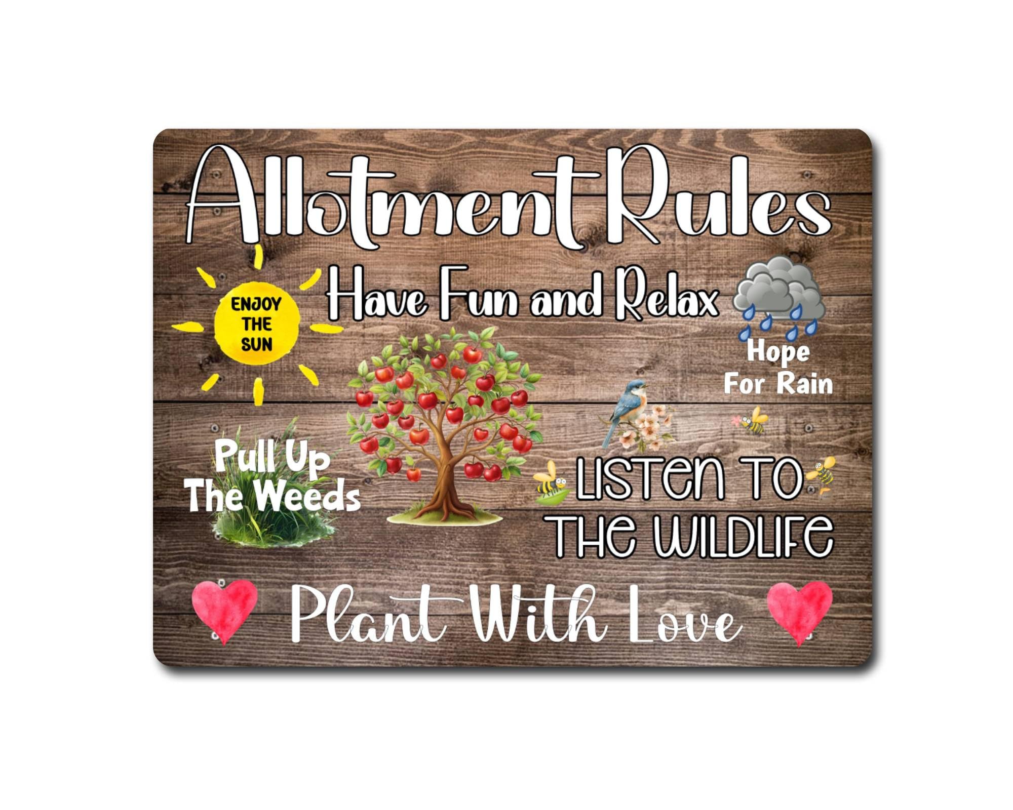 Allotment Metal Sign Gift – Allotment Rules – Plant With Love – Wood - Family Fun Gardening Novelty Aluminium Present