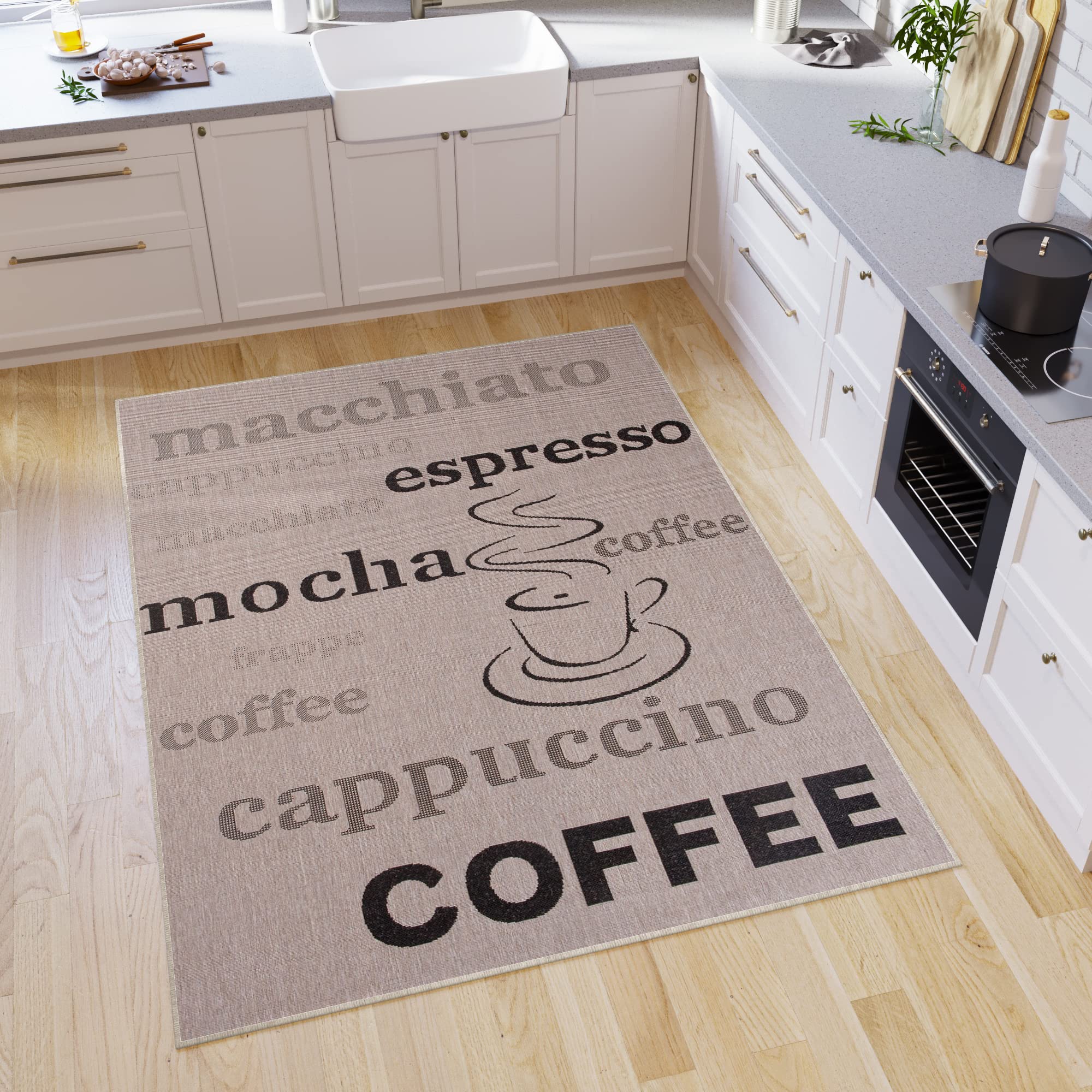 Tapiso FLOORLUX dywan o wyglądzie sizalu, tkanina płaska szara, srebrna, nowoczesne litery, kawa, do salonu, kuchni, do wnętrz, 200 x 290 cm