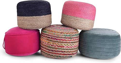 Miniatura 10 de SIMPLIHOME Lydia Puf redondo – 18 pulgadas de ancho trenzado a mano otomano de yute en azul marino y natural, taburete bohemio o asiento adicional