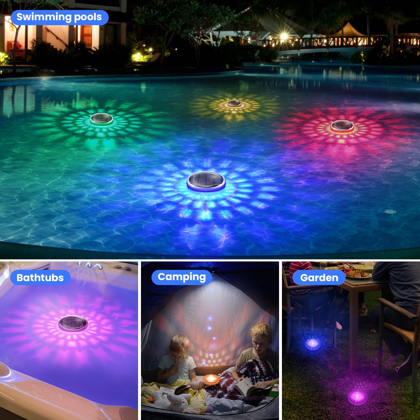 Luz Solar Piscina Flotantes, Luminación LED Subacuática Solar con mando a distancia, Temporizador, IPX7 Impermeable Luces Flotante Piscinas para Jardín, Piscina, Bañera, RGB Cambio de Color, 2 ud