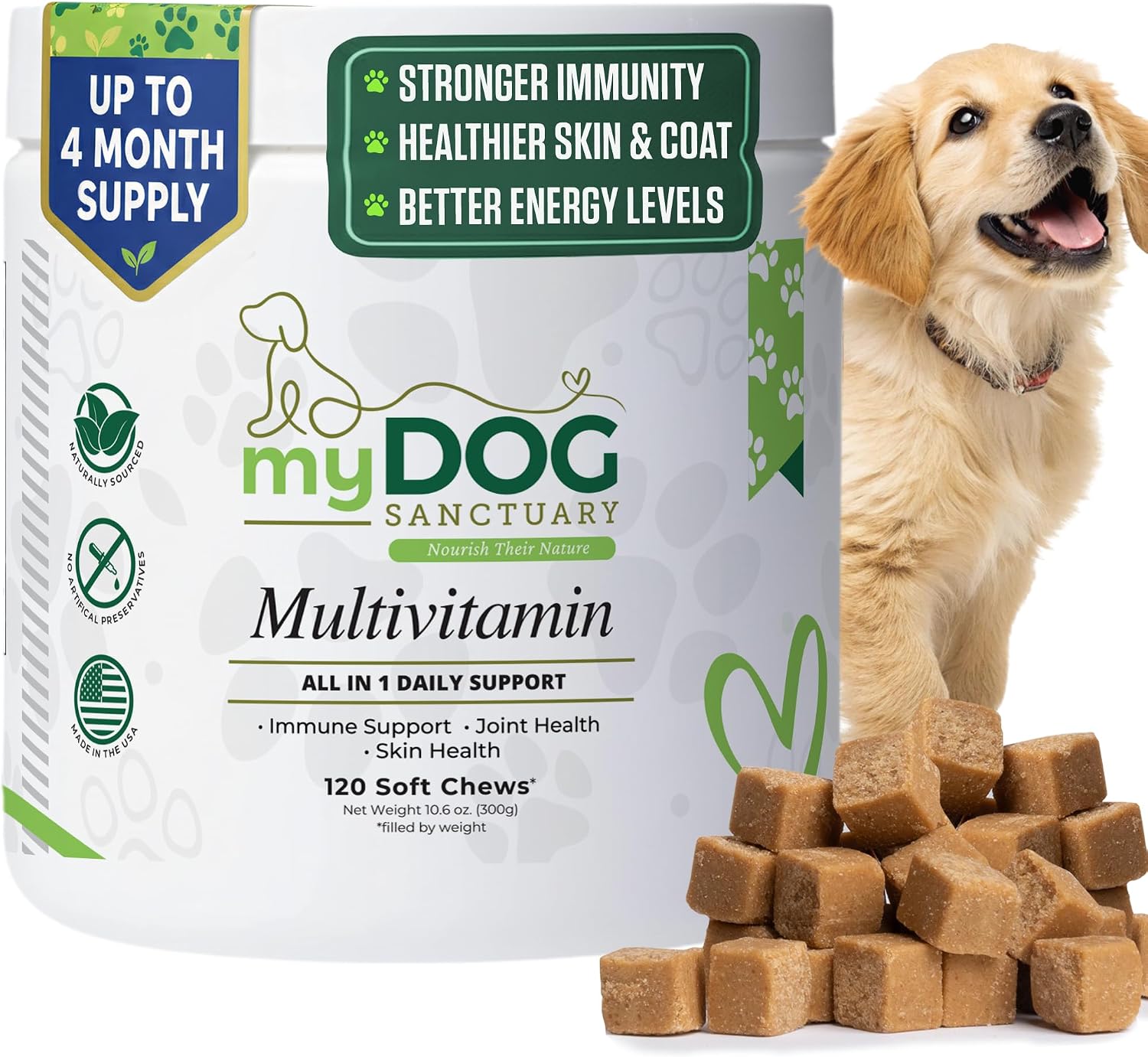 14 in 1- Multivitamin for Dogs 120 Chews – Daily Support for Active & Aging Dogs Vitamin A, D3, E, C, and B-Complex for Joint, Skin, Coat, Immune – Dog Multivitamins, Bacon Flavor