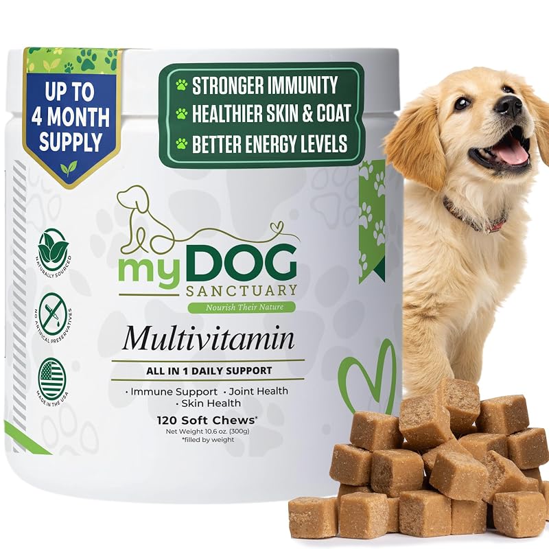 Suplemento multivitamínico para cães 14 em 1, mastigáveis macios sabor bacon My Dog Sanctuary, 120 unidades