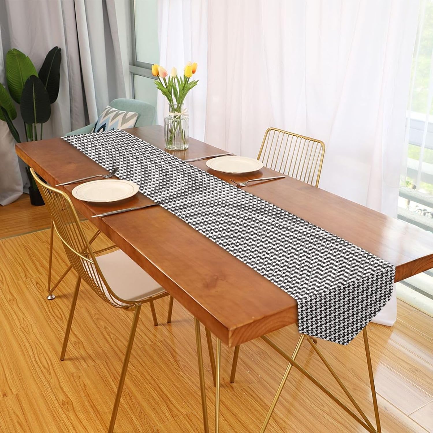 JUNZAN Table Runner Tartan Plaid Blue Black Fall Deco for Wedding Party Banquet Dinner Holidays Kitchen Fit Rectange and Round Table108 x 14 Inch