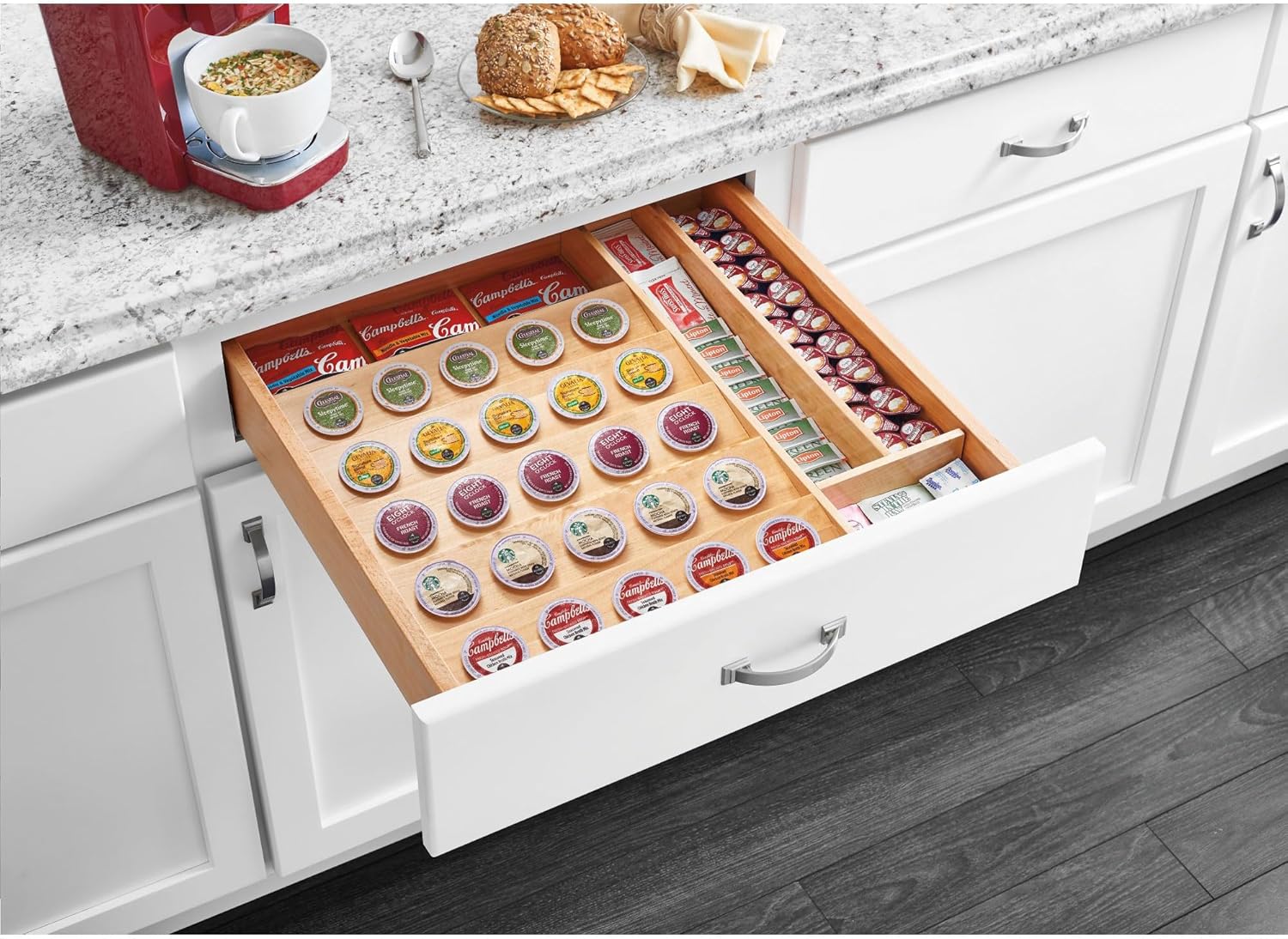 Rev-A-Shelf 22" K-Cup Coffee or Tea Pod Organizer, Pull Out Kitchen Draw Utensil Storage Organizer, Maple Wooden Insert for 30 Pods, 4CDI-24-KCUP-1