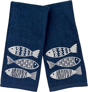 Coastal Bathroom Hand Towels – Set of 2 Navy Blue 100% Cotton Embroidered White Fish Design – 25 x 16” Decorative Bath & Kitchen Towels