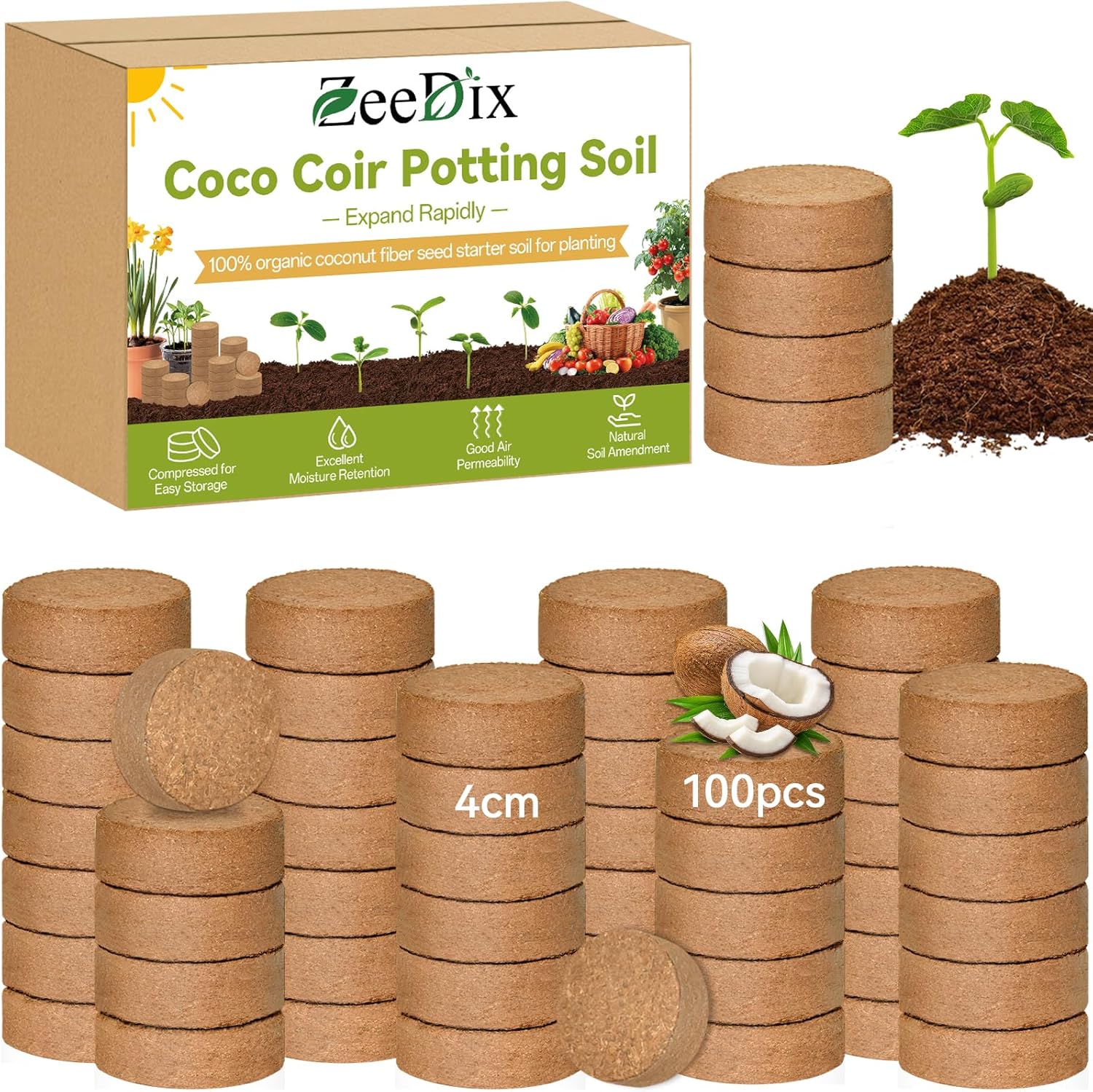 ZeeDix 100 Pack 40mm Organic Coco Coir Seed Starter Pellets, Compressed Coconut Fiber Seed Starter Soil Discs Potting Soil Mix for Indoor Outdoor Plants, Herbs Houseplants Bonsai Vegetables Flowers