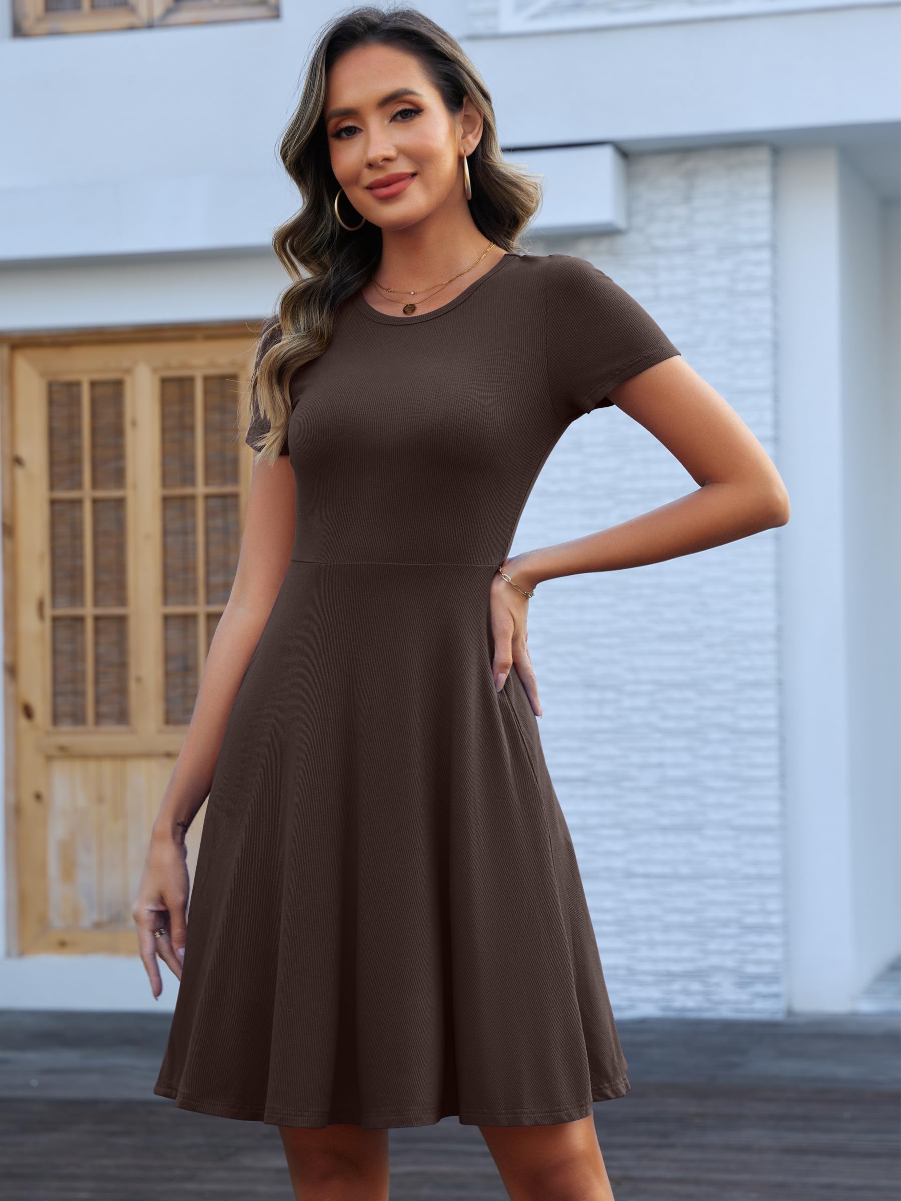 ANRABESS Women Summer Short Sleeve Ribbed Knit Fit & Flare A-Line Flowy Business Casual Work Basic Mini Dress with Pockets