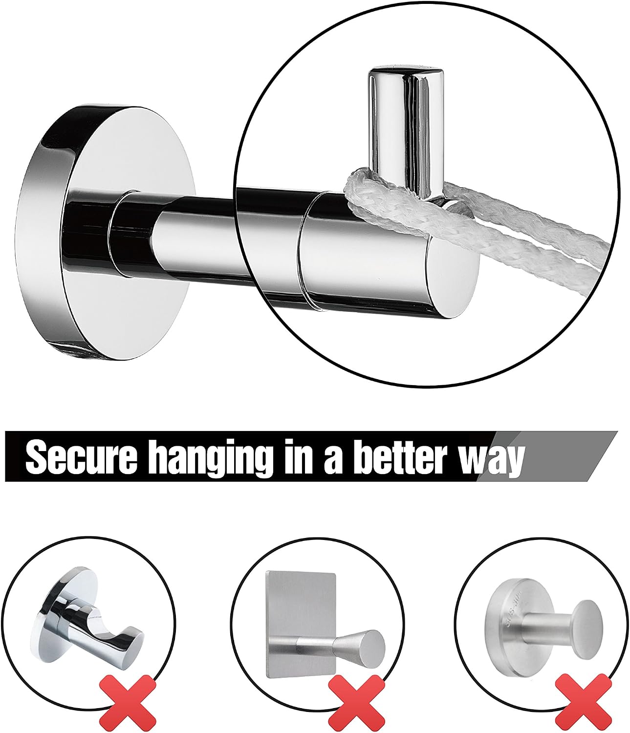 HITSLAM Chrome Stainless Steel Towel Hook Robe Hook Coat Hook Single Hook for Bathroom and Kitchen Garage Heavy Duty Modern Style Wall Mounted 20 Years Warranty