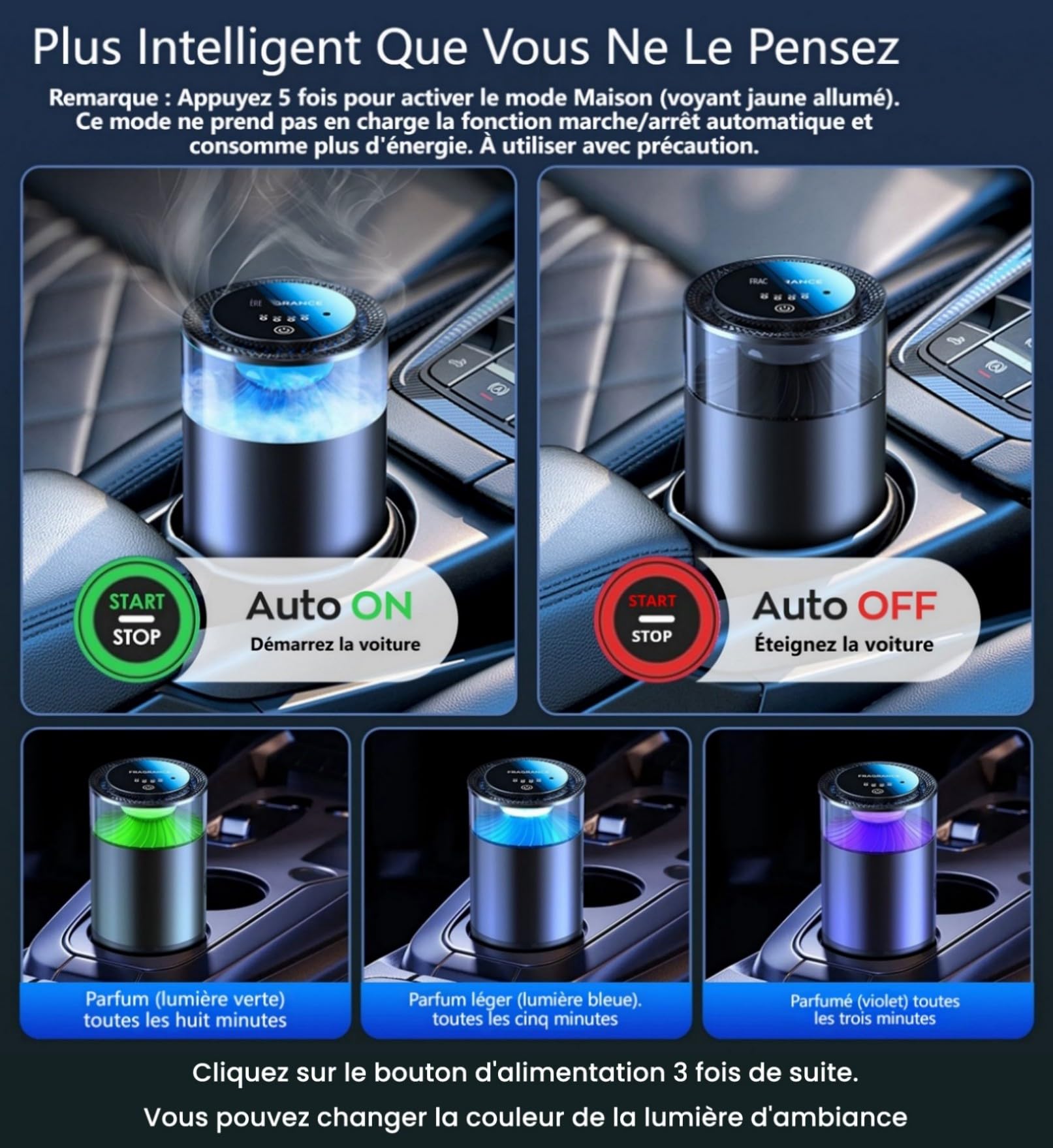 Diffuseur de Parfum pour Voiture Inspiré des Chutes d'eau 2025, avec 2 Parfums Français (Cologne & Marines), Auto ON/OFF, Nébuliseur à Ultrasons, 4 Modes, YWK-1