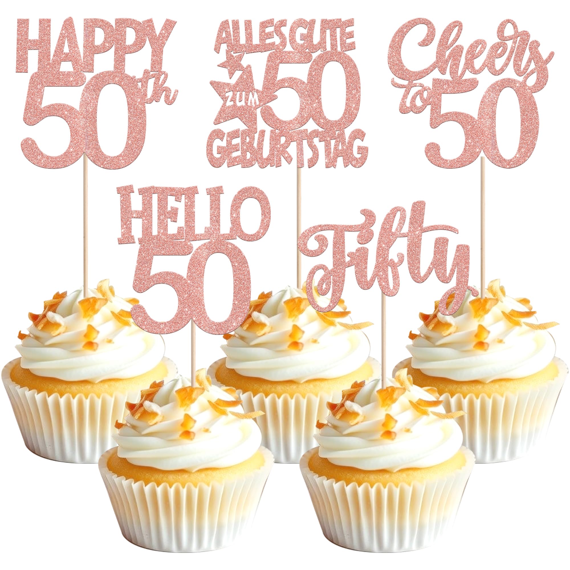 30 Stück 50th Geburtstag Tortendeko Alles Gute zum Geburtstag 50 Kuchen Deko Glitzer Fifty Cupcake Toppers für Prost auf 50th Jahre Jahrestag Party Kuchen Dekorationen Rosegold