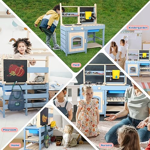 Miniatura 8 de Cocina de barro de madera 2 en 1, cocina de juego al aire libre con fregadero extraíble, caja de agua y grifo, parte superior de la estufa, bolsas