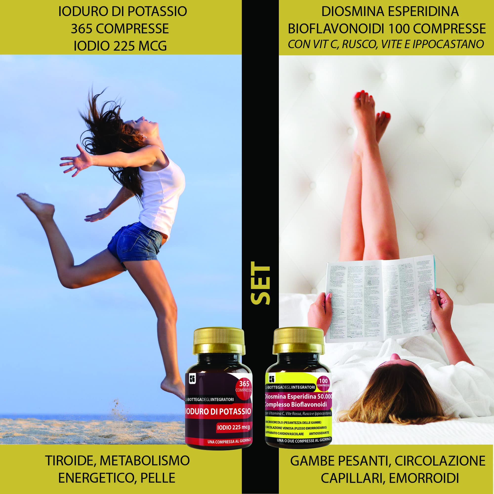 Set di integratori metabolismo tiroide + antiossidante circolazione | iodio 365 compresse + diosmina esperidina bioflavonoidi 100 compresse | non di origine animale | senza glutine e lattosio