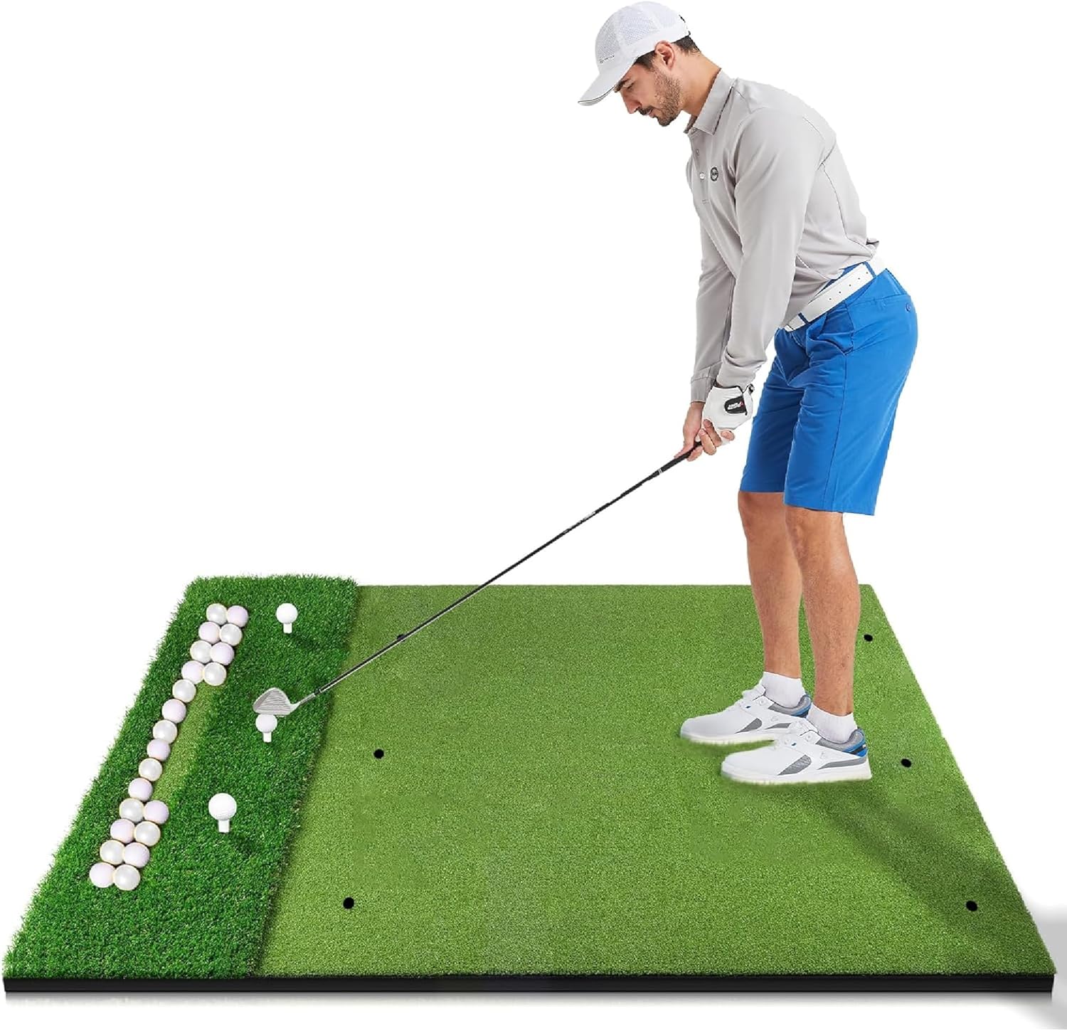 GSK Dual Turf Golf Hitting Mat 5x4FT with Ball Tray Holds 15-20 Balls Practice 45mm Thick Training Pad Driving Chipping Grass EVA Base Swing Rollable Portable Indoor Backyard Outdoor Simulator Use