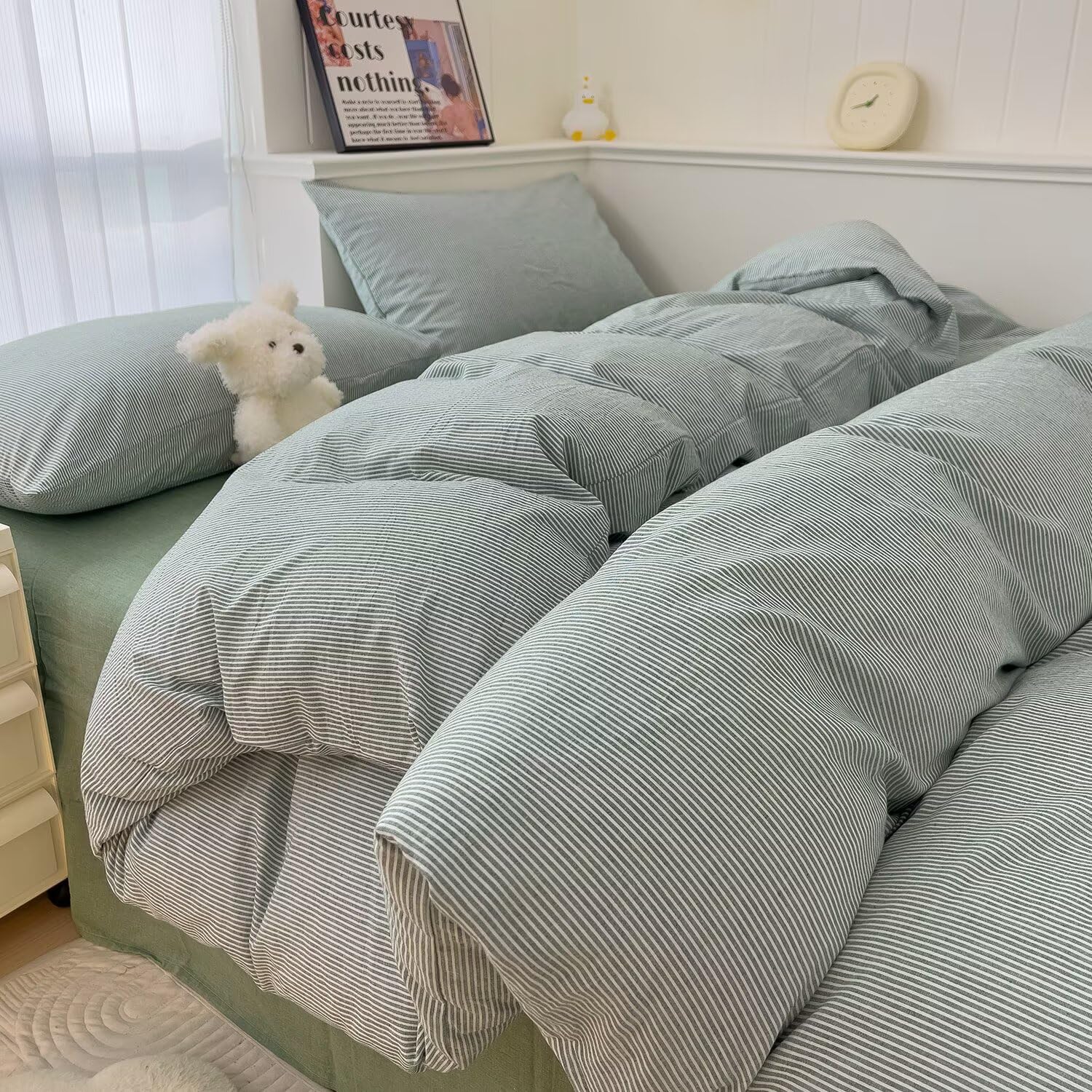 MKXI Ultra-Fine Stripe Duvet Cover Set Twin XL, 100% Washed Cotton Green &amp; White Textured Bedding, 3 Piece Breathable Comfy Farmhouse Style Duvet Cover with Pillow Shams