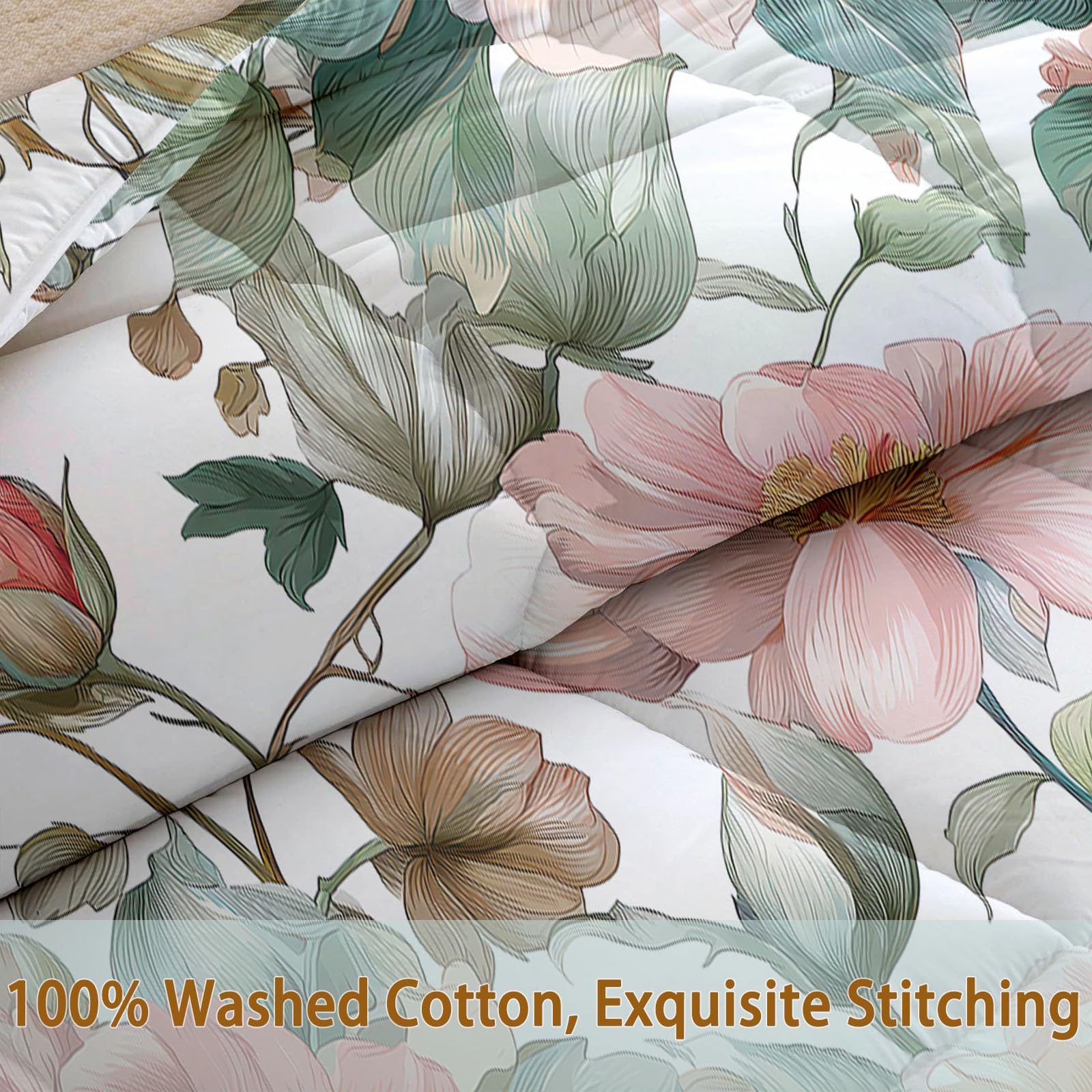 Bettdecke Französisch Romantisch Blumen Steppdecke 155 x 220 cm für Teenager, Pfingstrose Zweig Blatt 4-Jahreszeiten Warme Weiche Bettdecke Einzelbett, 1 Steppdecke ohne Bezug mit 2 Kissenbezügen