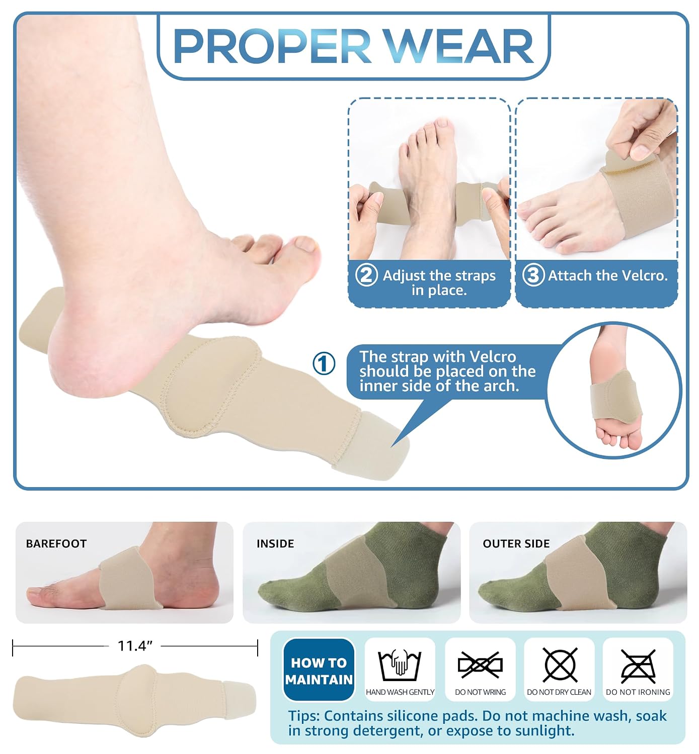 Arch Support Brace (2 Pack) – Adjustable, Non-Slip Arch Wraps with Soft Elastic Silicone Pads for Foot Care, Flat & Fallen Arches, High Arch, Plantar Fasciitis Relief – Fits All Shoes (Beige)