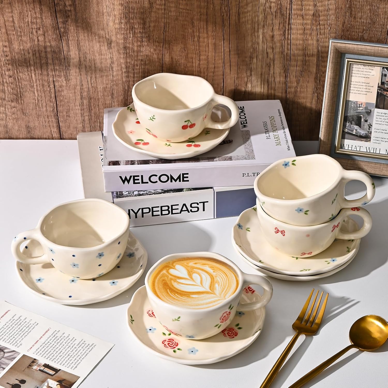 Koythin Ceramic Coffee Mug with Saucers, Handmade Flowers Mugs, Cute Cup for Girl Women, Aesthetic Tea Milk Cup with Handle, 8.5 oz/250 ml for Latte, Cocoa, Office, Home (Cute Bow) - Image 8