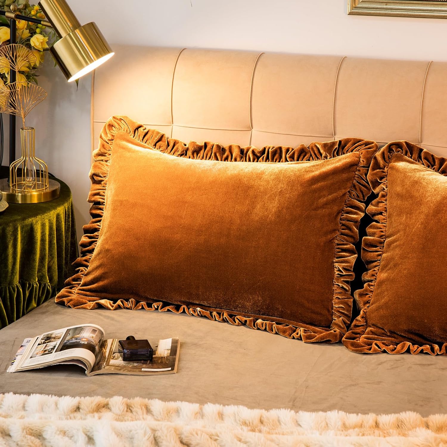 Velvet Pillow Shams Set of 2 Retro Ruffle Flounces Trim Soft Decorative Luxurious Solid Olive Green Farmhouse Vintage Pillow Cases for Bedroom Decor 20x26 Inch (Standard 20x26 inches, Golden Camel)