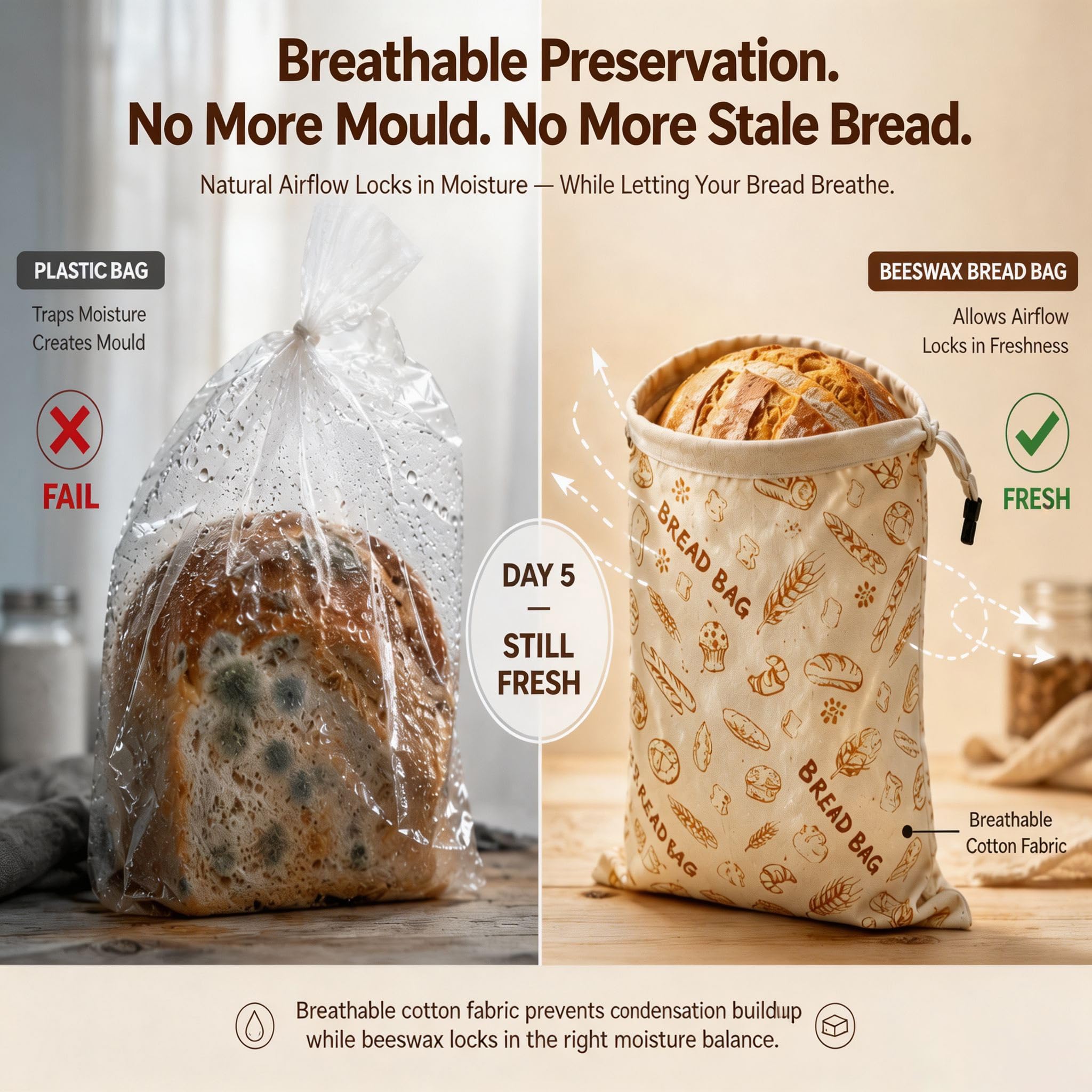 Sacchetti per pane in cera d'api riutilizzabili in cotone biologico per pane fatto in casa, 43 x 33 cm, in cera d'api naturale, ecologici, di grandi dimensioni, con cerniera, per pasta madre