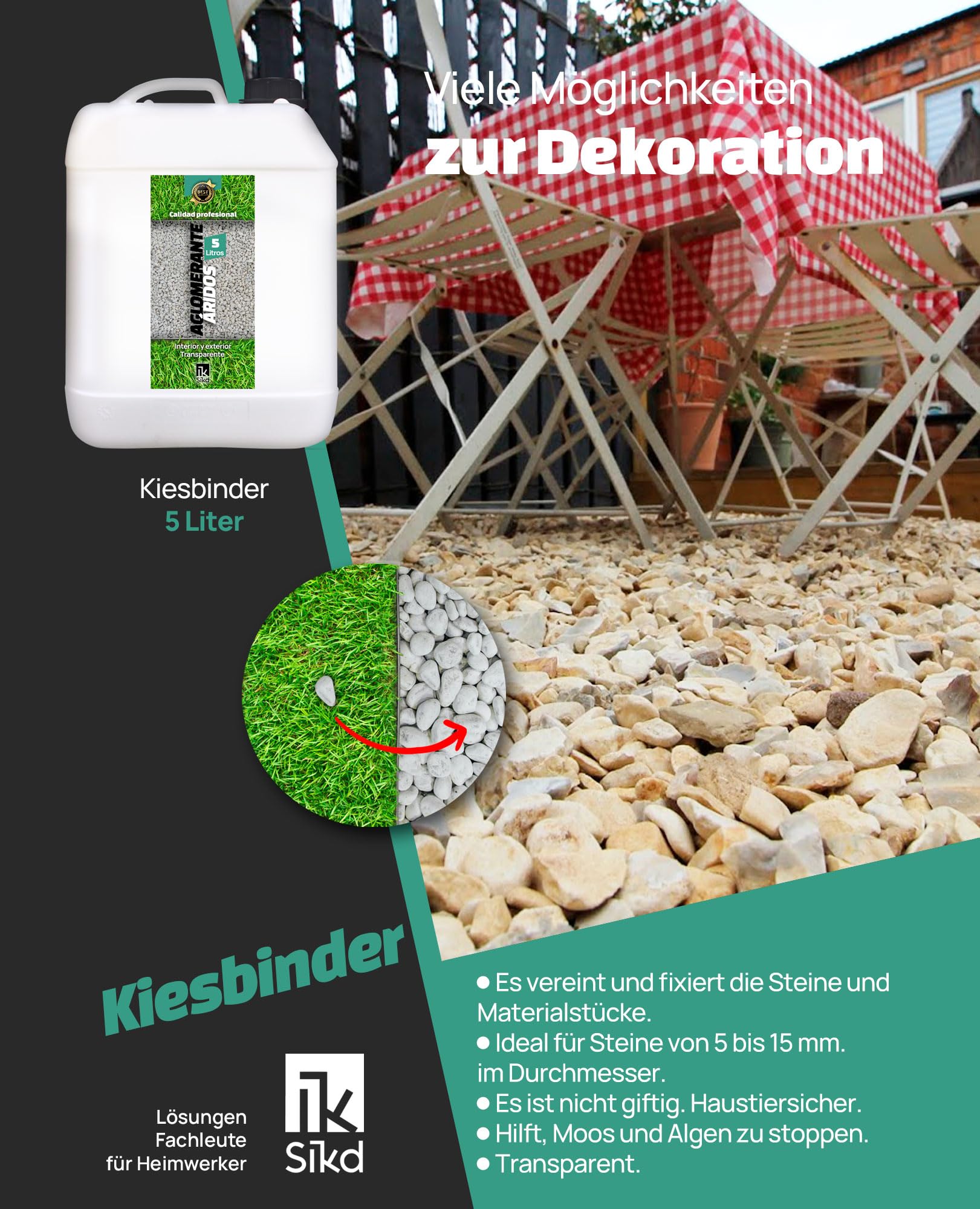 Grindbindmiddel – geconcentreerde grindlijm voor het verlijmen van stenen, schors, terrassen en tuinpaden – stabilisator niet-giftig grind voor mulch, rotsen, bladeren (1 l