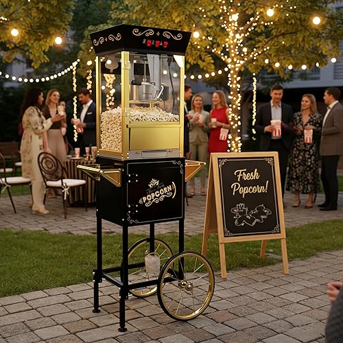 Miniatura 8 de Máquina grande de palomitas de maíz con carrito: palomitas de maíz comerciales vintage de 12 onzas con soporte plegable para hasta 48 tazas, 3 tazas