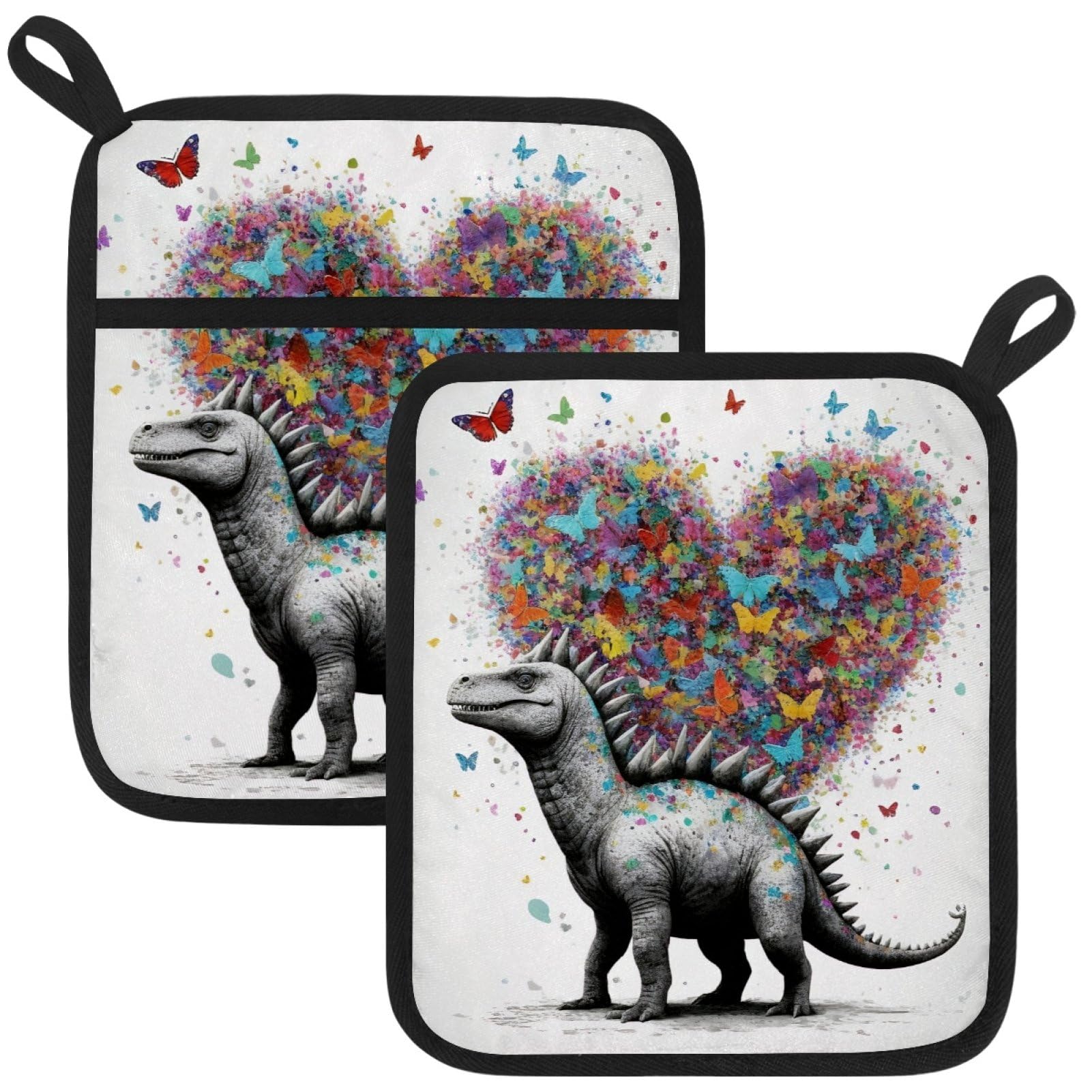 VAPOKF Dinosaur Love Pot Holders with Pocket for Kitchen Heat Resistant Potholders Large Polyester-Cotton Square Oven Mitts Set