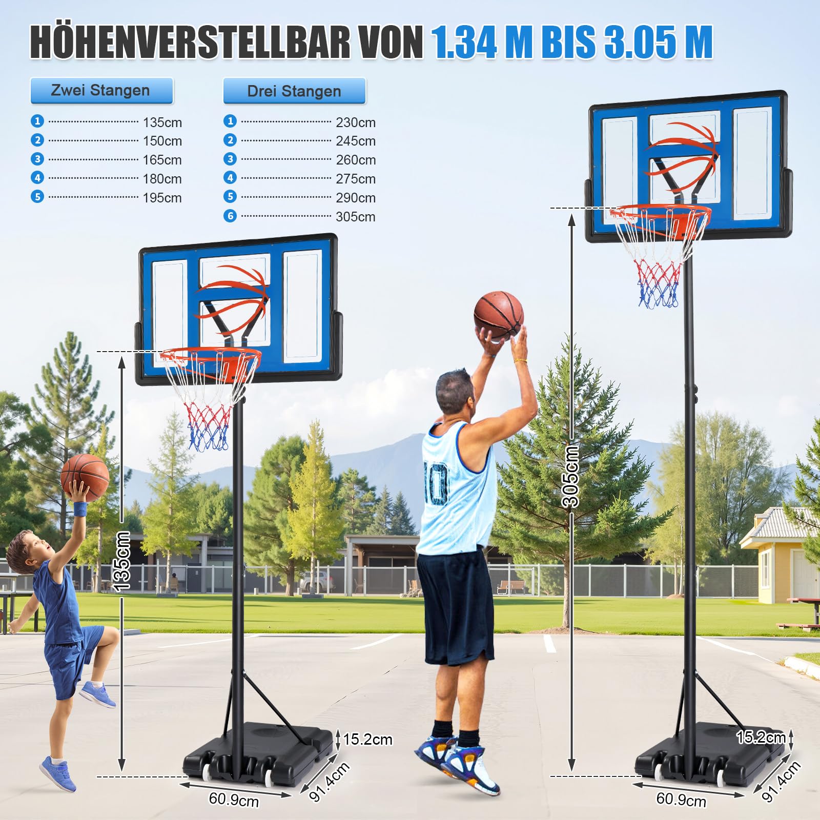 LEADZM Canestro da basket per esterni con supporto e ruote, 2 reti, per adulti e bambini, regolabile in altezza, per giardino e cortile, altezza 135-305 cm
