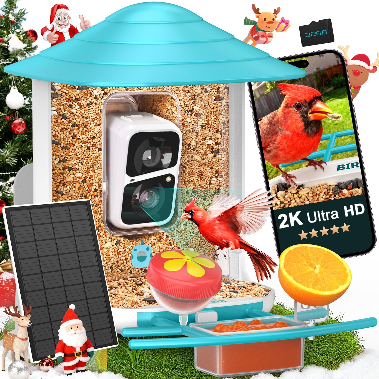 Smart Bird Feeder with Camera, Auto Capture AI Identify 10000+ Species, 6-in-1 Hummingbird Feeder Camera for Outside, Idea Gift for Bird Watching & Bird Lover