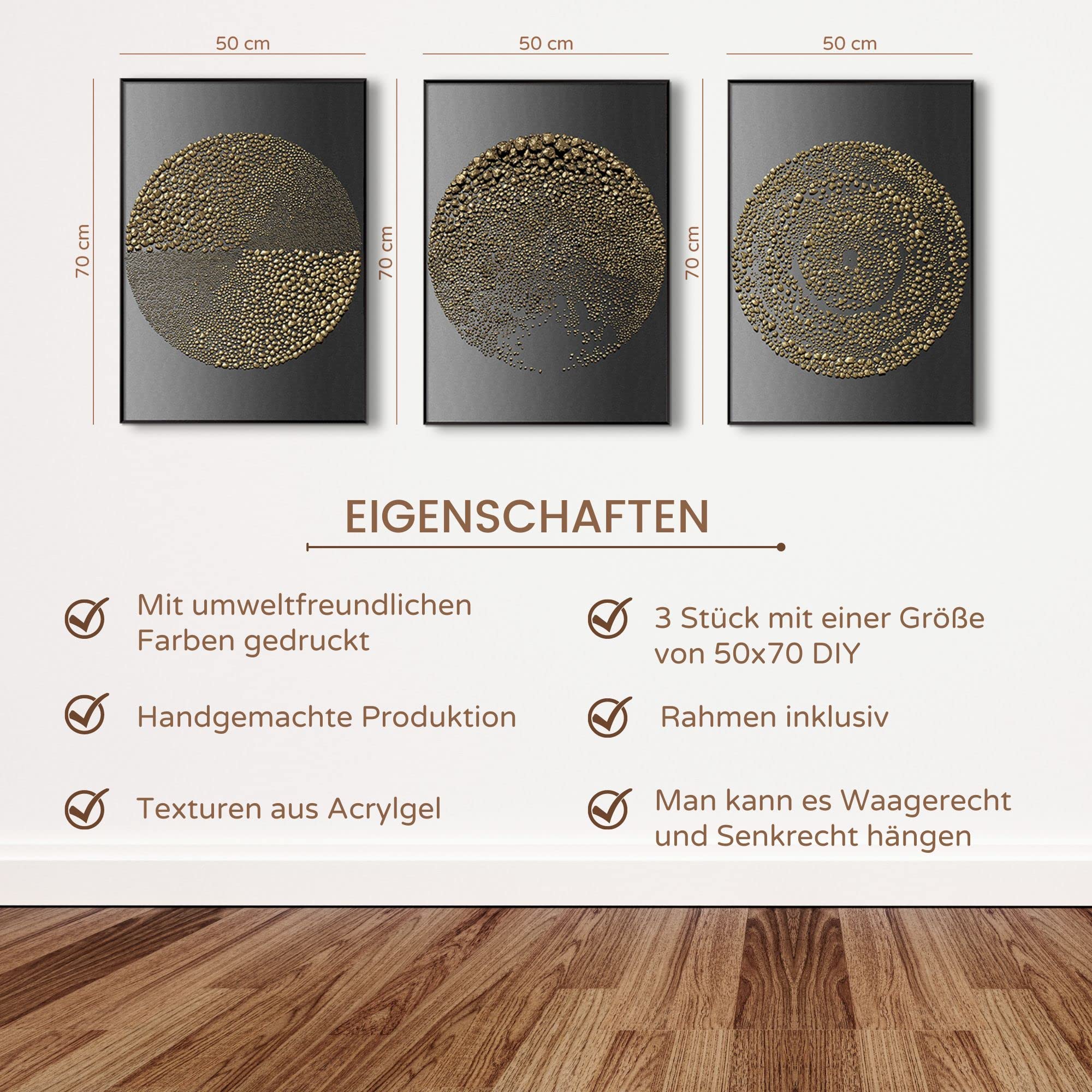 DekoArte Bilder Wandbilder MINIMALISTISCHE KREISE 50x70 cm 3-teilig mit Rahmen schwarz