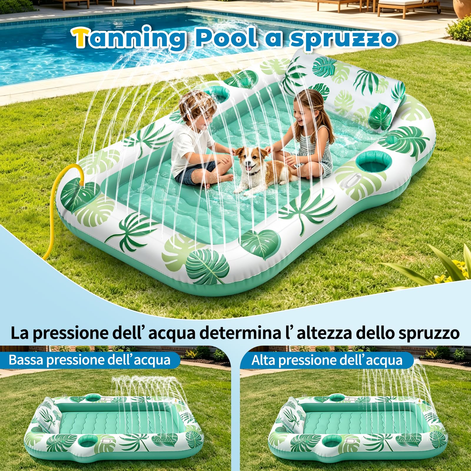 JONRRYIN Materassino Gonfiabile Mare Adulti 2 Persone, Tanning Pool 225×190 cm, Materassino Piscina con Funzione Spruzzo e 2 Portabicchieri, Poltrona Gonfiabile Piscina Relax per Mare