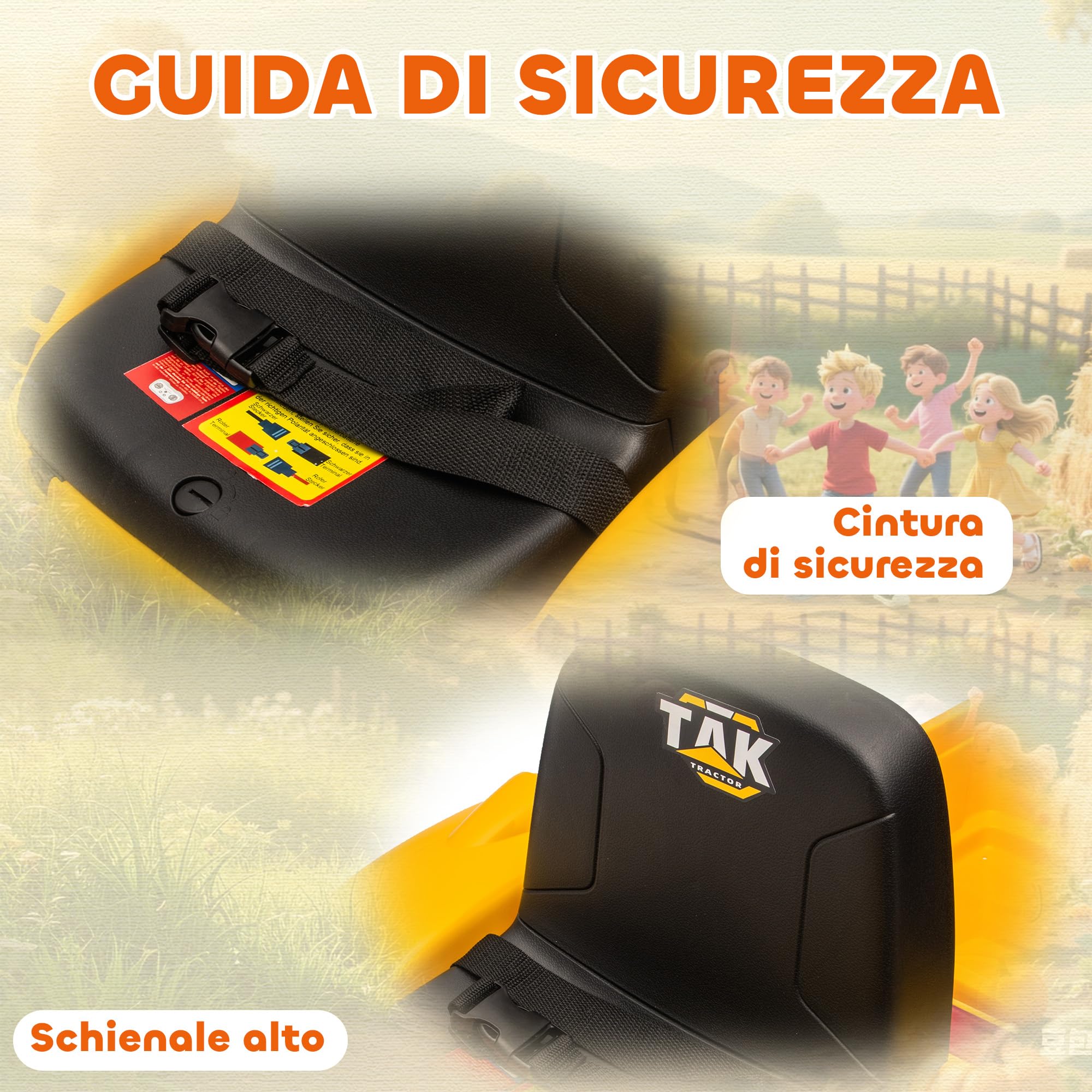 AIYAPLAY Escavatore per Bambini Elettrico 12V con Benna e Rimorchio Staccabile, Trattore Elettrica Cavalcabile con 2 Motori, Telecomando, Connessione Wireless, USB, Luci e Musica, 3-8 Anni, Giallo