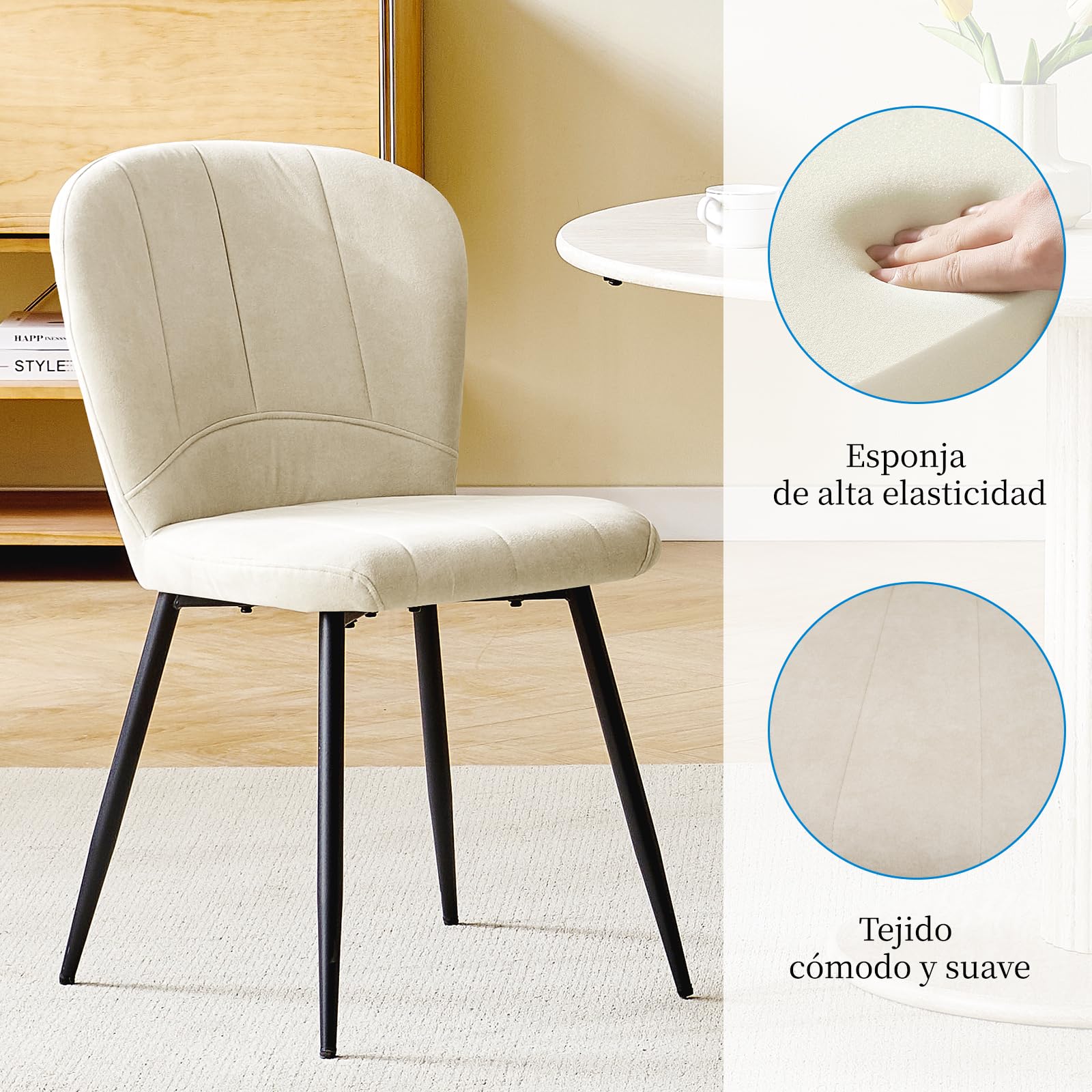 Pack de 4 Sillas de Comedor Tapizadas Comfort Beige | Diseño Moderno Sillas de Cocina Tela de Chenille con Patas de Metal Robusta para Comedor Salón Oficina Recepción