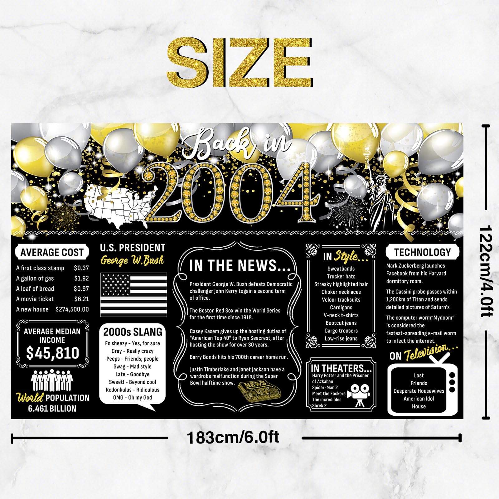 Dill-Dall Back in 2004 Backdrop Large Wall Banner, Cheers to 20 Years, Happy 20th Birthday Class Reunion Anniversary Party Poster Hanging Sign Decorations Supplies Photography Background