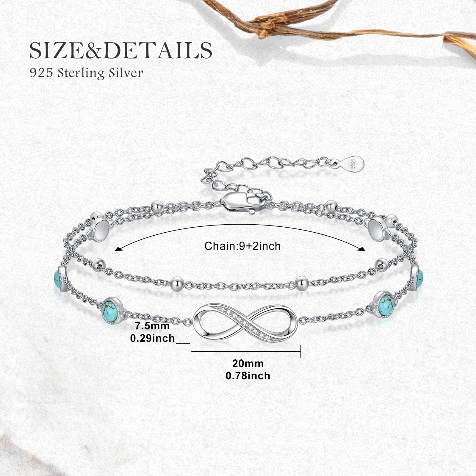 Tobillera de plata de ley 925 con diseño de infinito, turquesa real, ajustable, varias capas, regalo para mujeres