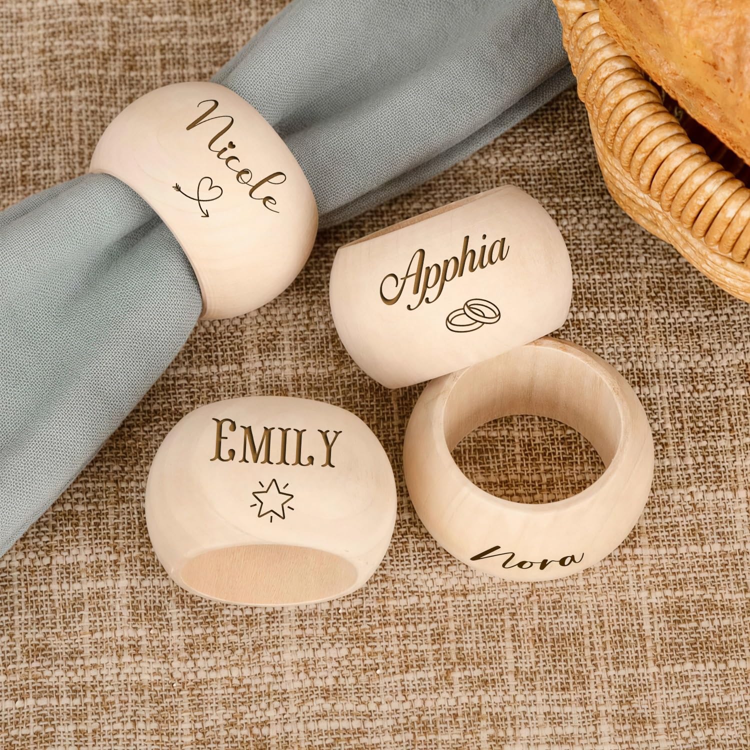 Personalised Wooden Round Napkin Rings for Guests, Custom Name Logo Icon Tabletop Holder, Luxury Wedding Dinner Party Favors Keepsake Souvenirs(5PCS)