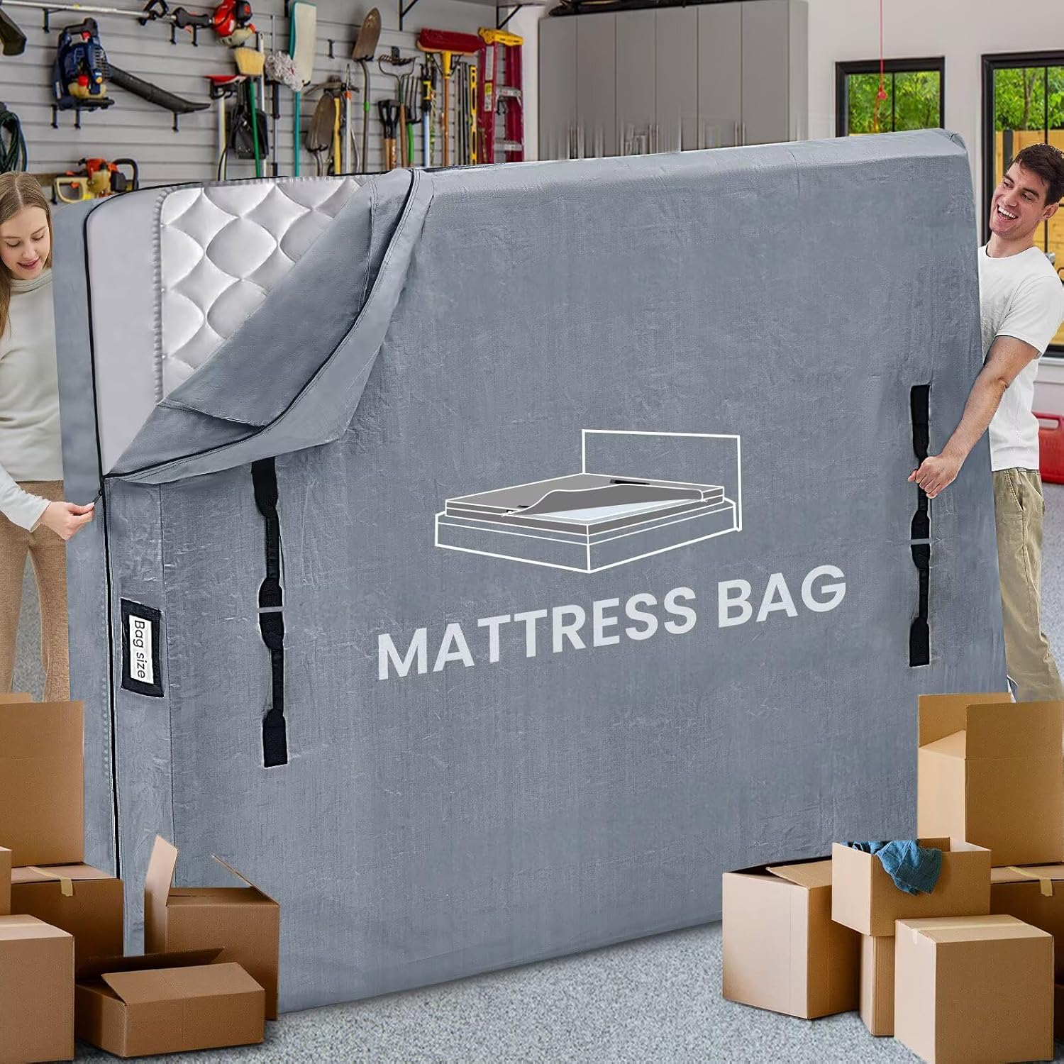 Mattress Bags for Moving and Storage, BETU Waterproof Mattress Protector King Mattress Cover with 8 Heavy Duty Handles and Zipper Extra Thick Moving Supplies for Bed Reusable (82x79x13.5 Grey)