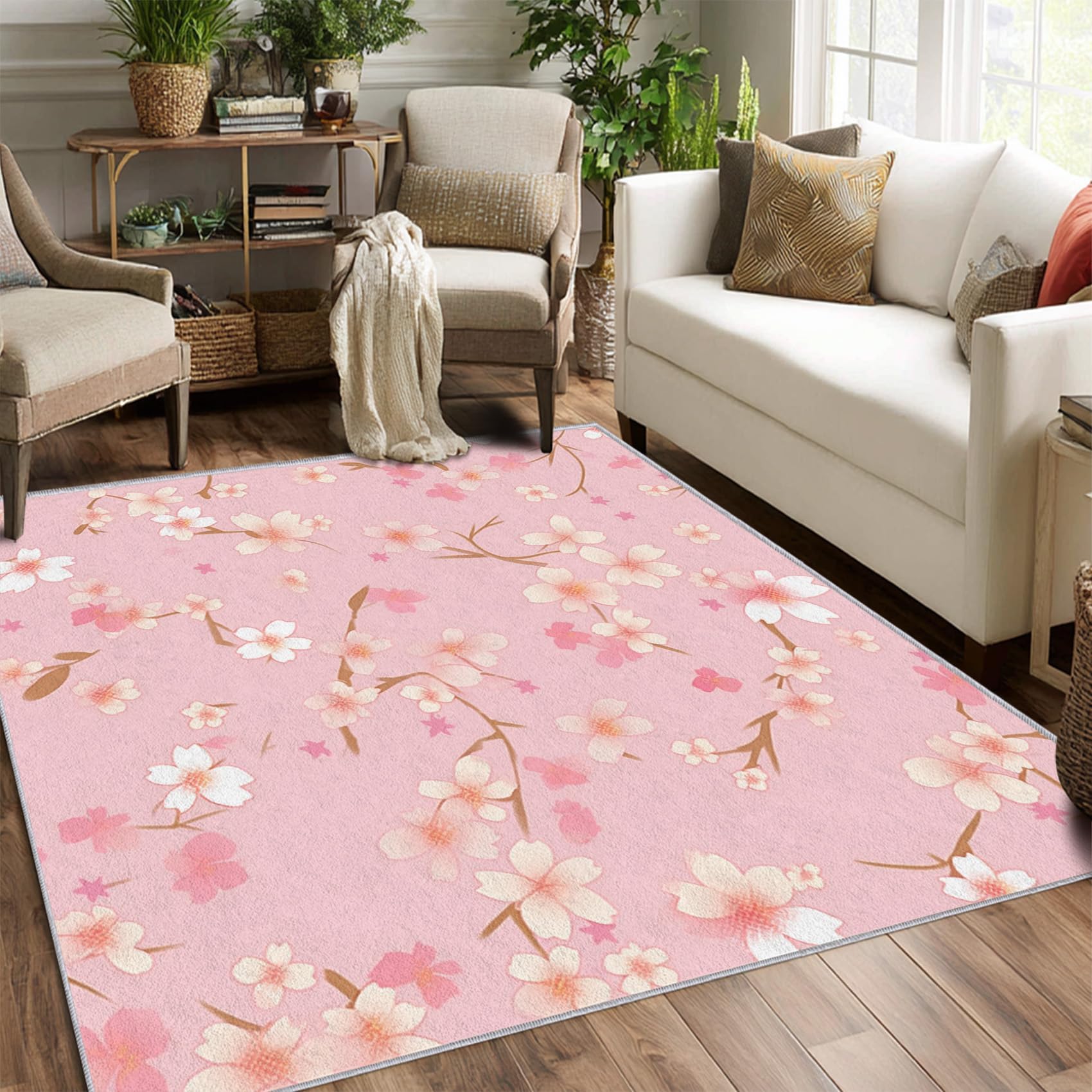 Tapis fleurs roses de salon antidérapant grand tapis de chambre doux