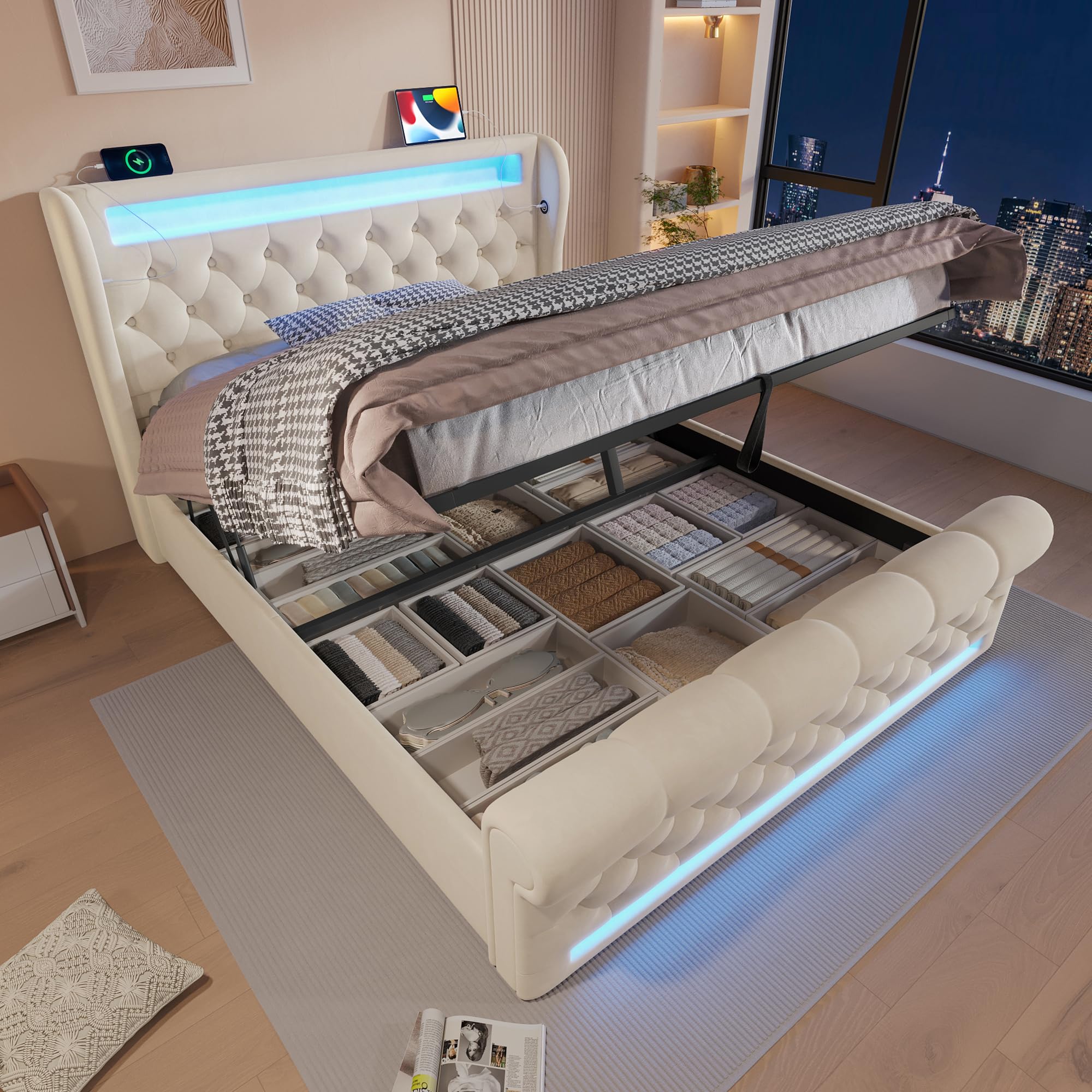 Cama 140x190 cm Camas Juveniles con USB-C y Luz LED, Cama Matrimonio Tapizada con Almacenamiento Hidráulico y Listones de Madera, Camas Matrimoniales, Terciopelo, Sin Colchón, Beige