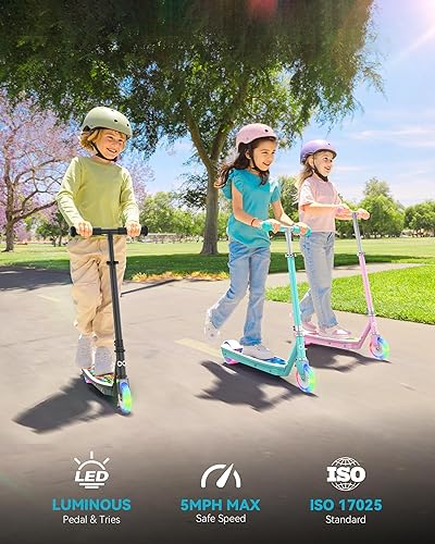 Miniatura 2 de Gyroor KS2 Scooter eléctrico para niños con luces LED, velocidad segura de 5 MPH, arranque con sensor de pie, manillar ajustable, carga rápida, para