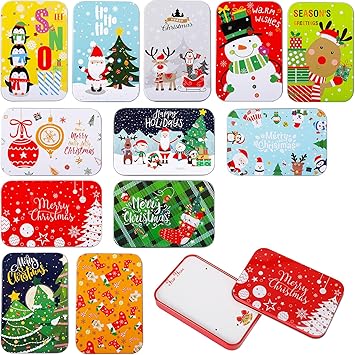 BOWOUNT 12 Pieces Christmas Gift Card Tin Boxes Colorful Christmas Tins  Holders with Lids 4.9x3.3x0.7 Inch for Party Favors and Card Include  Greeting ...