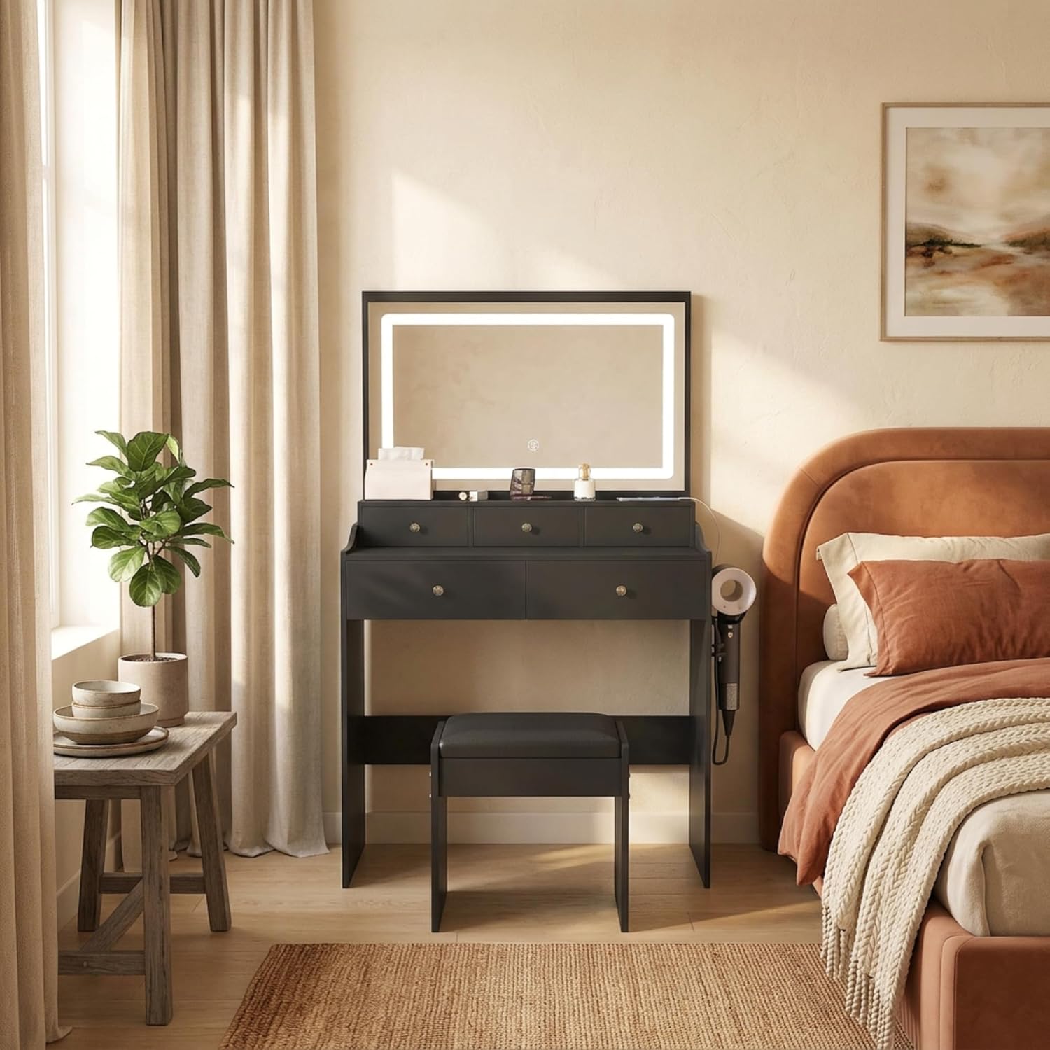 Casaphoria Vanity Desk with Large Mirror, 5 Drawers, Adjustable Lighting & Power Outlet - Modern Black Makeup Vanity Set with Hair Dryer Holder for Bedroom, Dressing Table with 3 Light Colors
