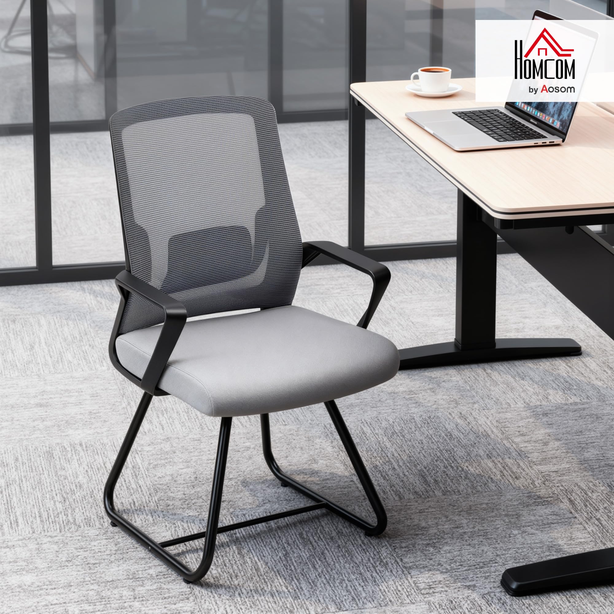 HOMCOM Sedia Ufficio Senza Ruote, in Tessuto Rete Traspirante Grigio Scuro | Sedia per Sala d'Attesa e Sala Conferenze, Supporto per Lombare, Braccioli, Poltrona Ergonomica per Ospiti e Visitatori
