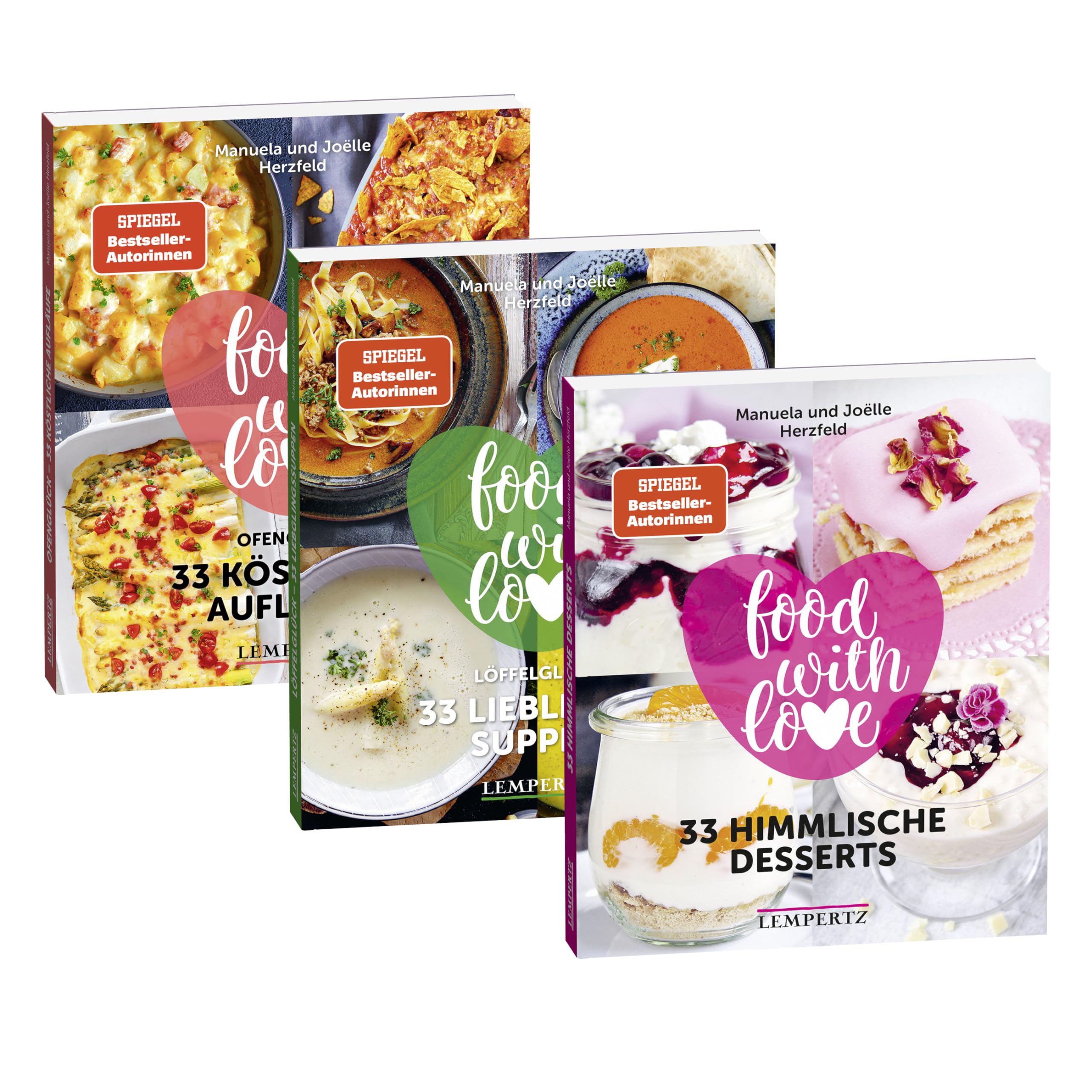 Die 99 besten Herzfeld Rezepte; Bundle; Food with Love; Herzfeld, Manuela / Herzfeld, Joëlle: limitiert auf 1000 Bundle aus 3 Büchern: 33 Himmlische Desserts 33 köstliche Aufläufe 33 Lieblings-Suppen