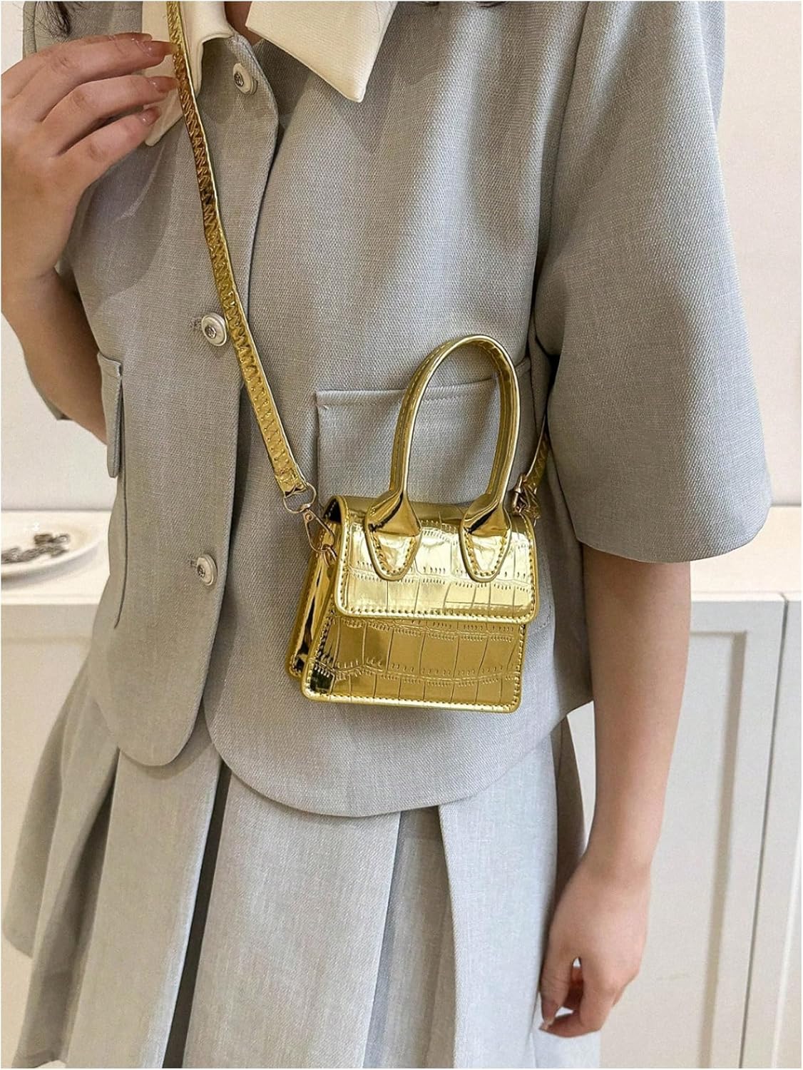 GORGLITTER Women's Gold Mini Bag Metallic Top Handle Crossbody Evening Party Handbag Purses Formal Flap Clutch Bags - Image 4