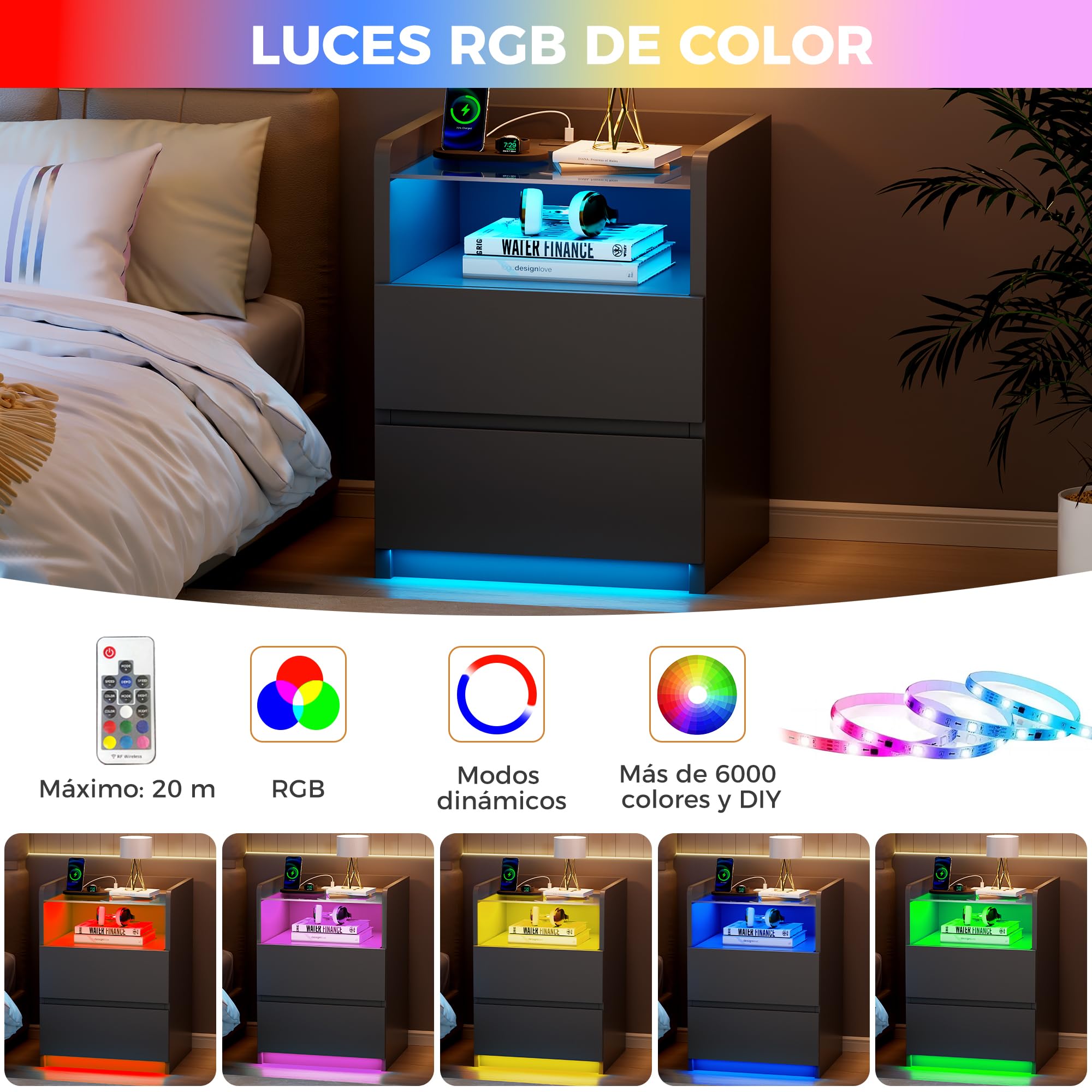 ANWBROAD Juego de 2 Mesitas de Noche con Enchufes Integrado y LED Luces, Mesilla de Noche con Tapa de Vidrio, Mesa Auxiliar con 1 Compartimento Abierto y 2 Cajones,para Salón,Dormitorio,Negro BNS001B