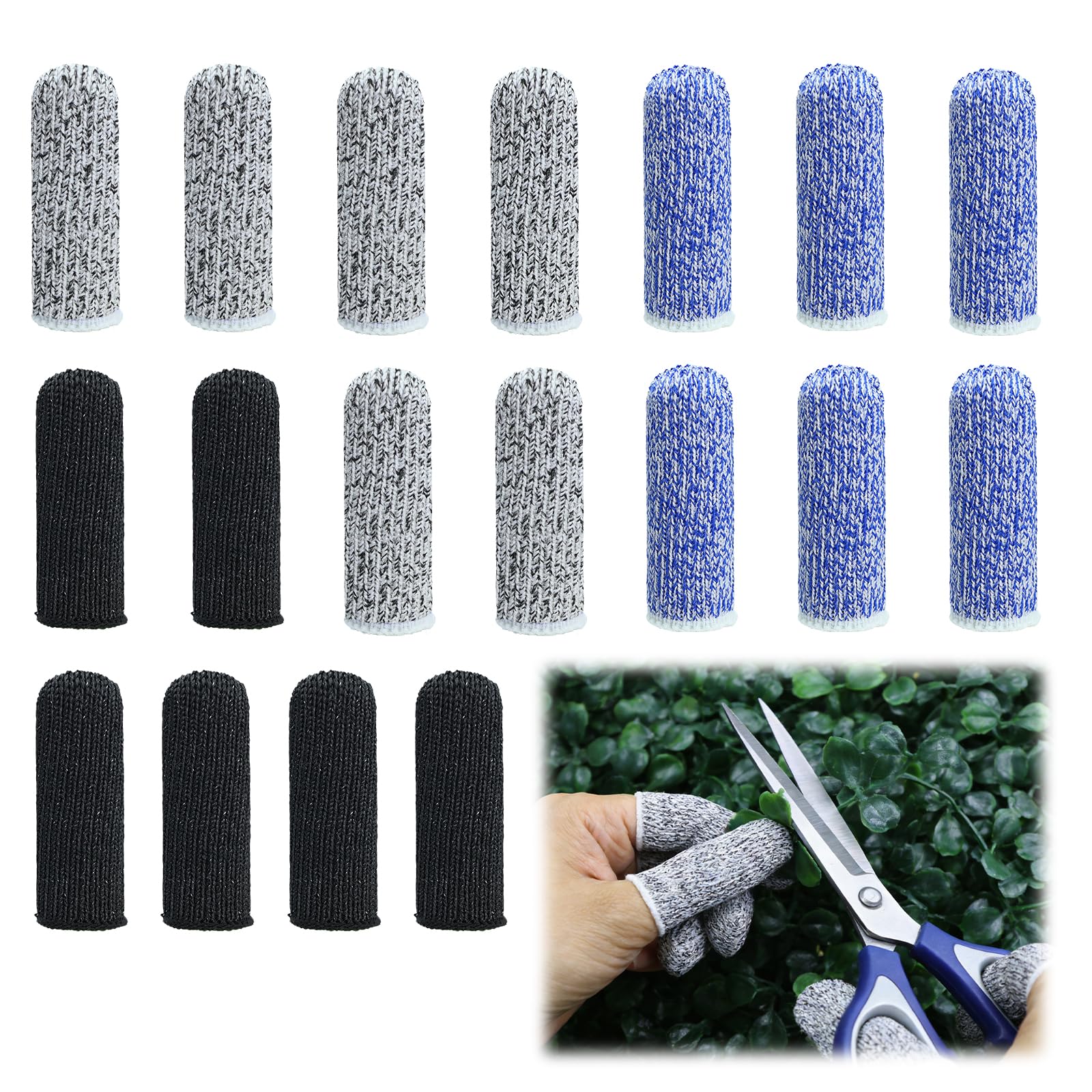 18 Pièces Protège-Doigts Anti-Coupure, Doigtier Réutilisable Respirants et Résistants, Doigtier Antidérapant pour Jardin Cuisine Sculpture et Créations DIY (Noir, Bleu, Gris)