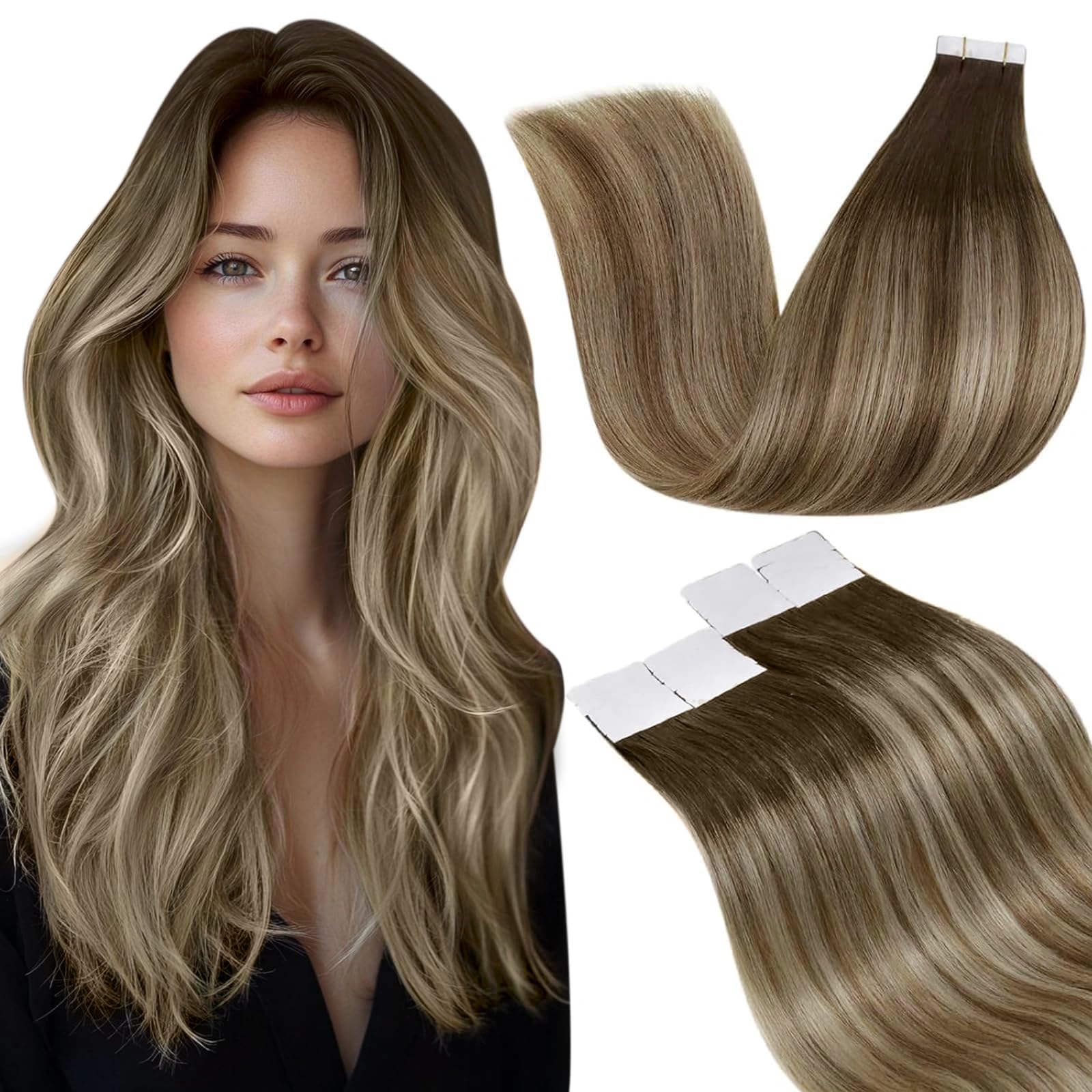 LaaVoo Tape in Hair Extensions Human Hair Blonde Tape Hair Extensions Real Human Hair Invisible Tapes Remy Straight Balayage Brown to Blonde Hair Double Sided Tabs 20pcs 50g 18 Inch #8/18/60 — view 15