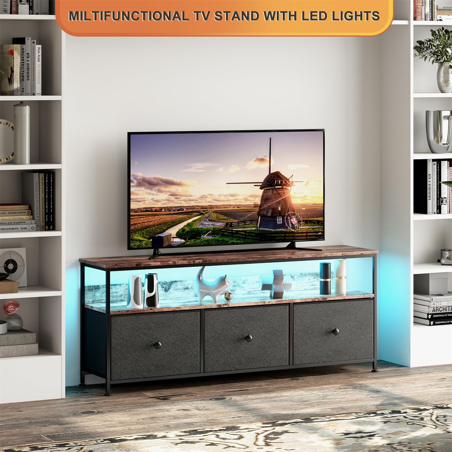 Meuble TV LED pour salon, console multimédia avec tiroirs à motif floral, lumières LED, centre de divertissement avec rangement, console de jeux avec meuble de jeux pour salon (noir B)