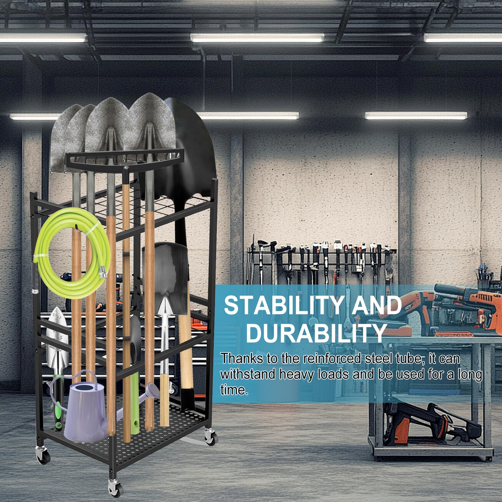 Gartenwerkzeug Organizer 3-stufig,Yard Tool Tower Rack,Garten Werkzeugregal mit 3 Beweglichen Haken & Feststellbaren Rollen,35 Fächer Hof Werkzeughalter für Garage,Schuppen & Terrasse