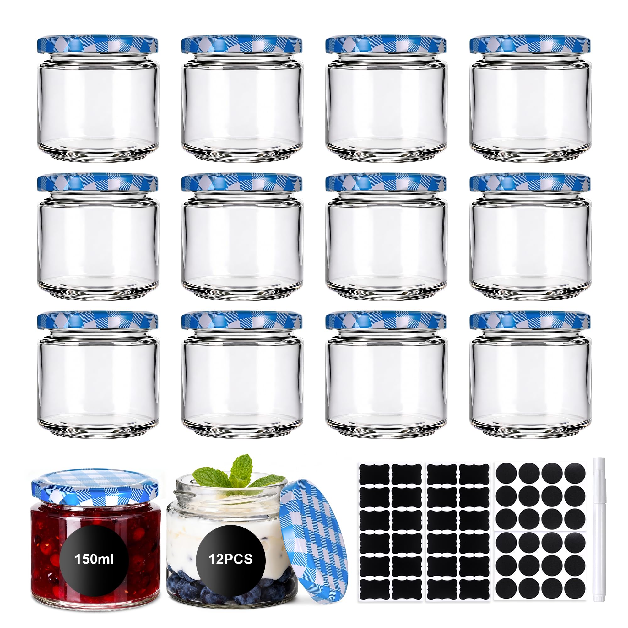 Hejo Jam Jars with Lids, 150ml 12-Pack, Airtight Glass Jars
